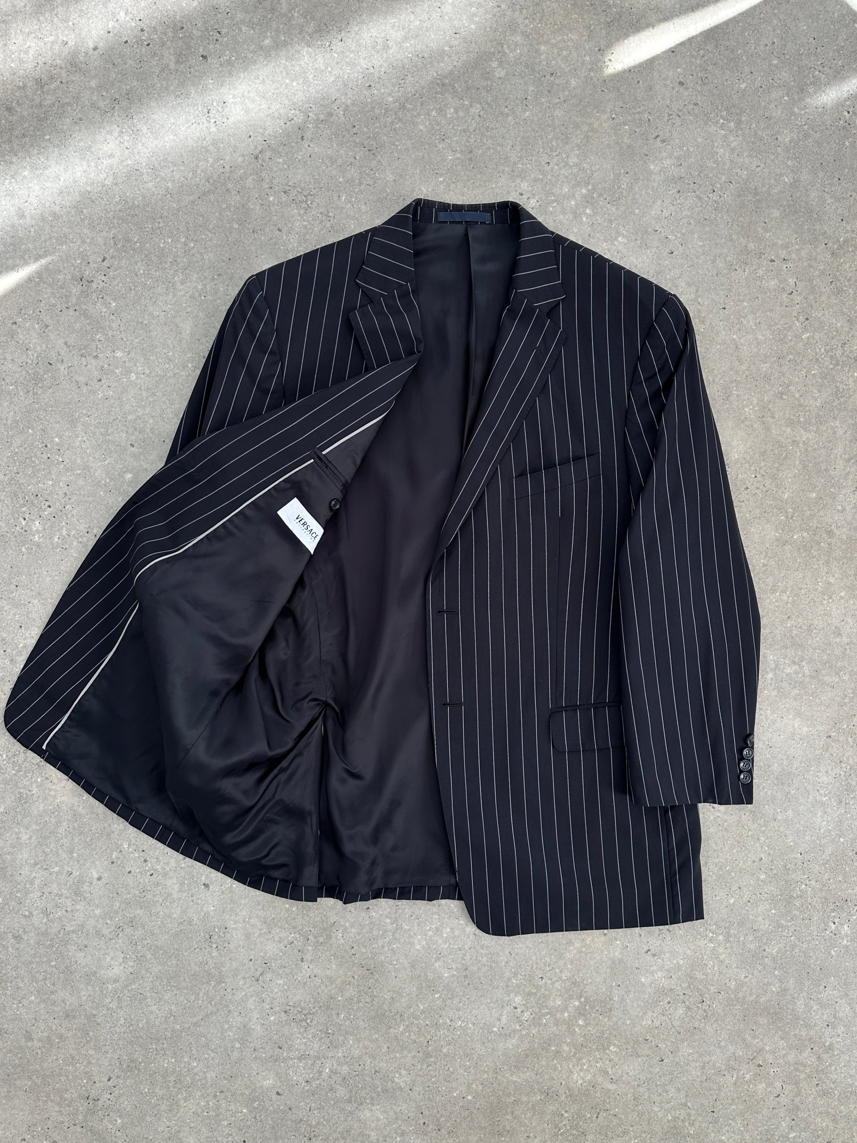 Versace collection stripe pure wool single-breasted blazer in size 48R/XL, featuring a classic tailored fit and stylish design.