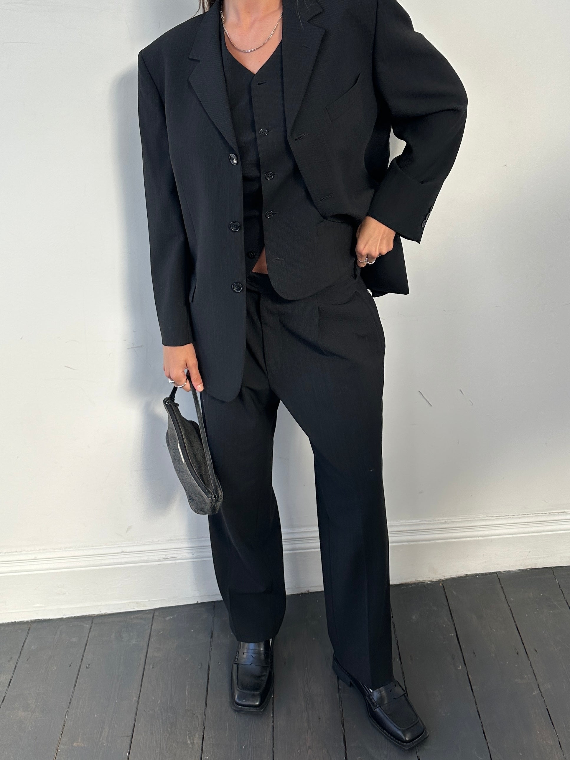 Pierre Cardin pinstripe wool three-piece suit in size 40S/W32, featuring a tailored jacket, vest, and matching trousers.