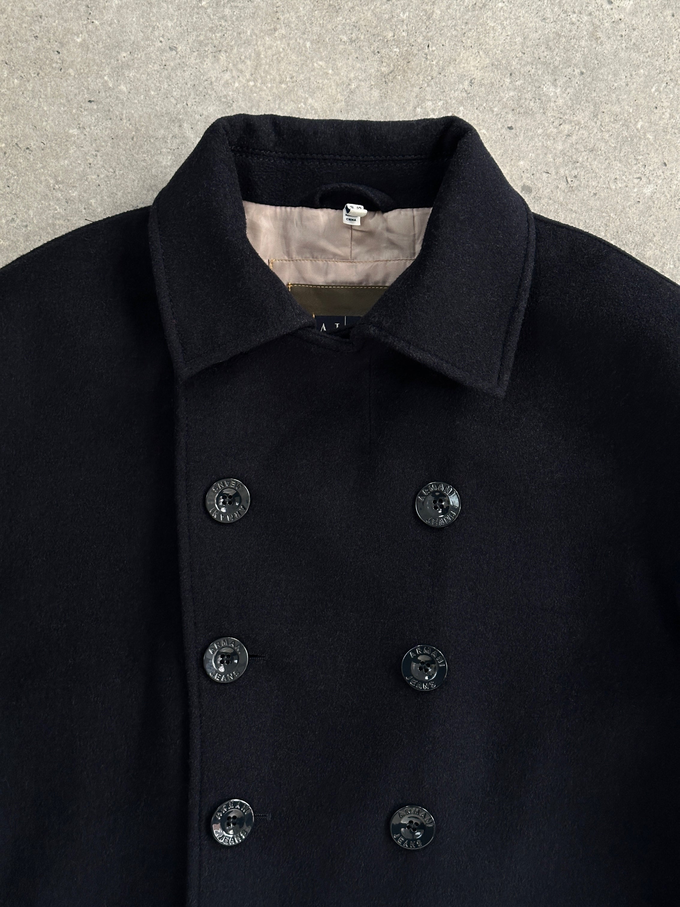 Armani Jeans wool double-breasted coat in size XL, stylish winter coat with classic design and button details.