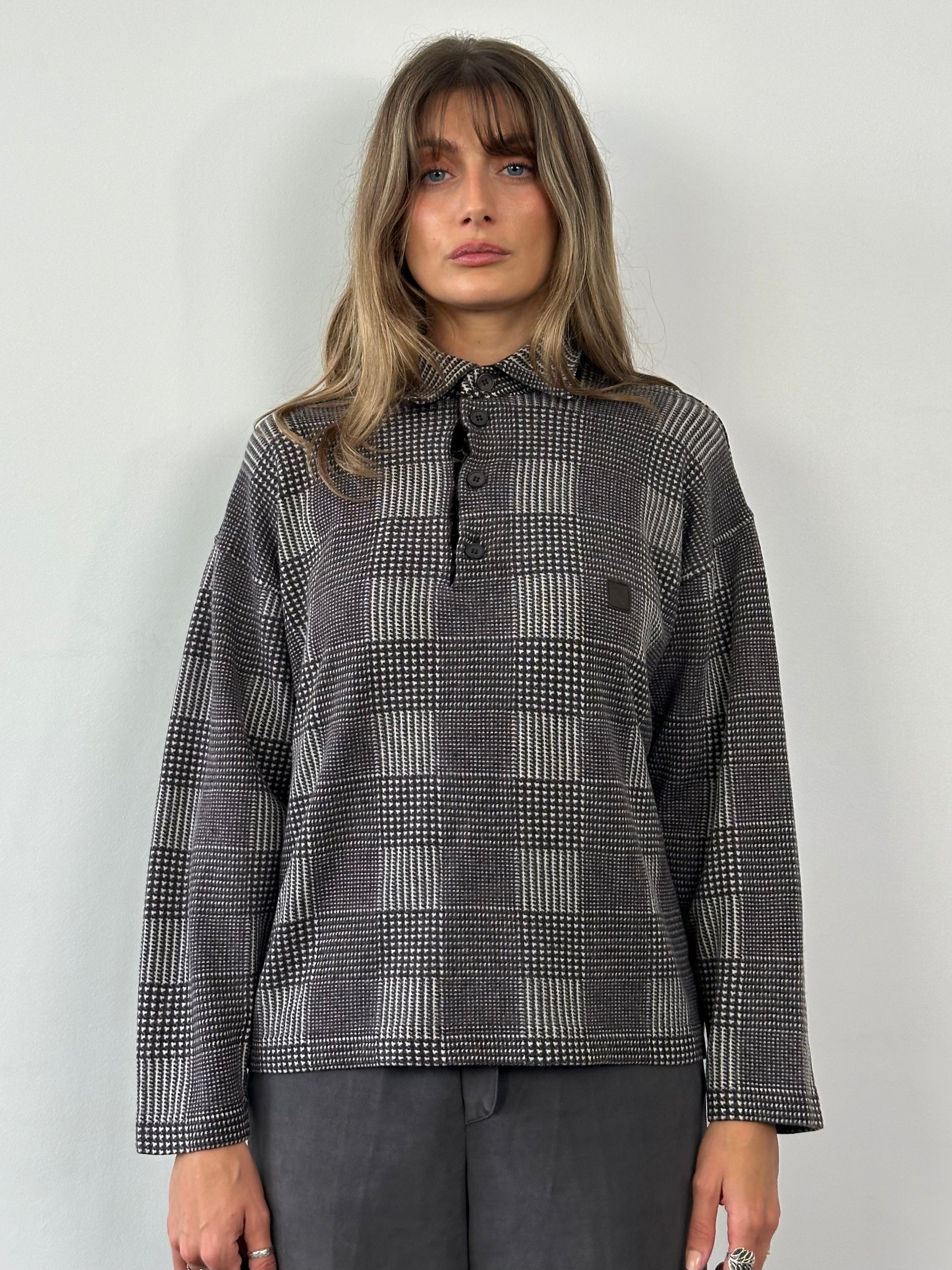 Gianfranco Ferre merino wool check logo polo jumper in M/L size, featuring a classic check pattern and logo detail.