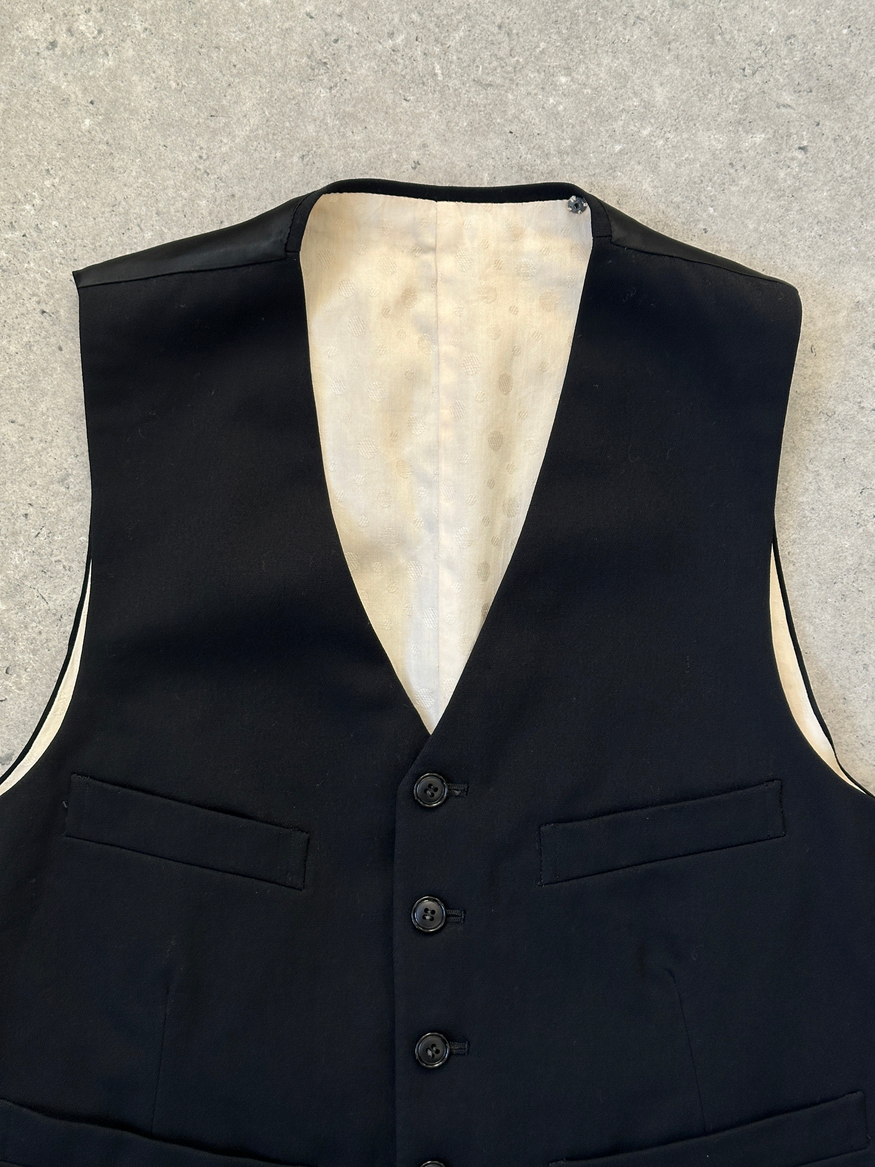 Vintage men's wool tuxedo waistcoat, size M, classic formal coat with button details and tailored fit.