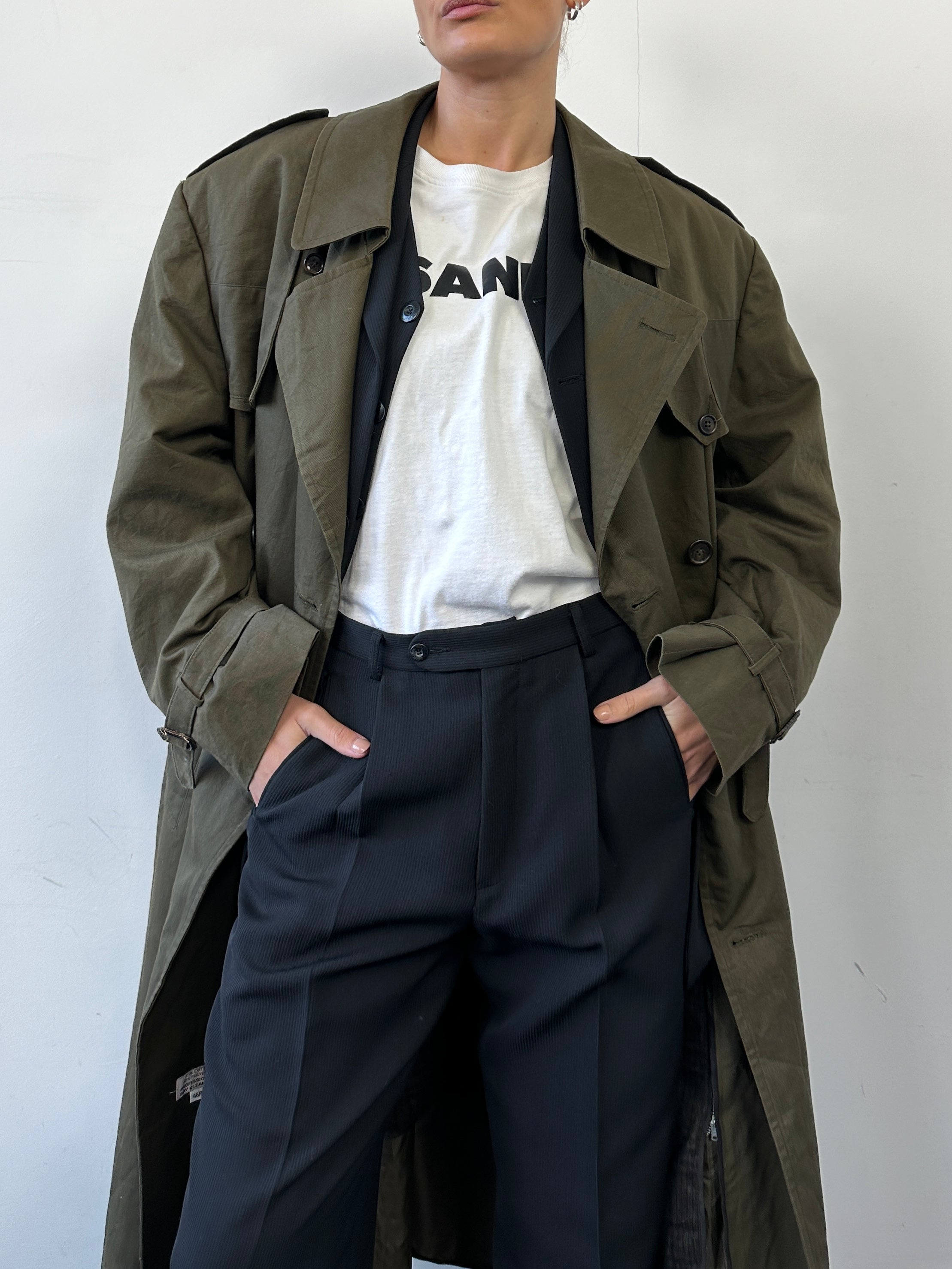 Christian Dior cotton double-breasted trench coat in XL, shown on model with classic belt and tailored fit.