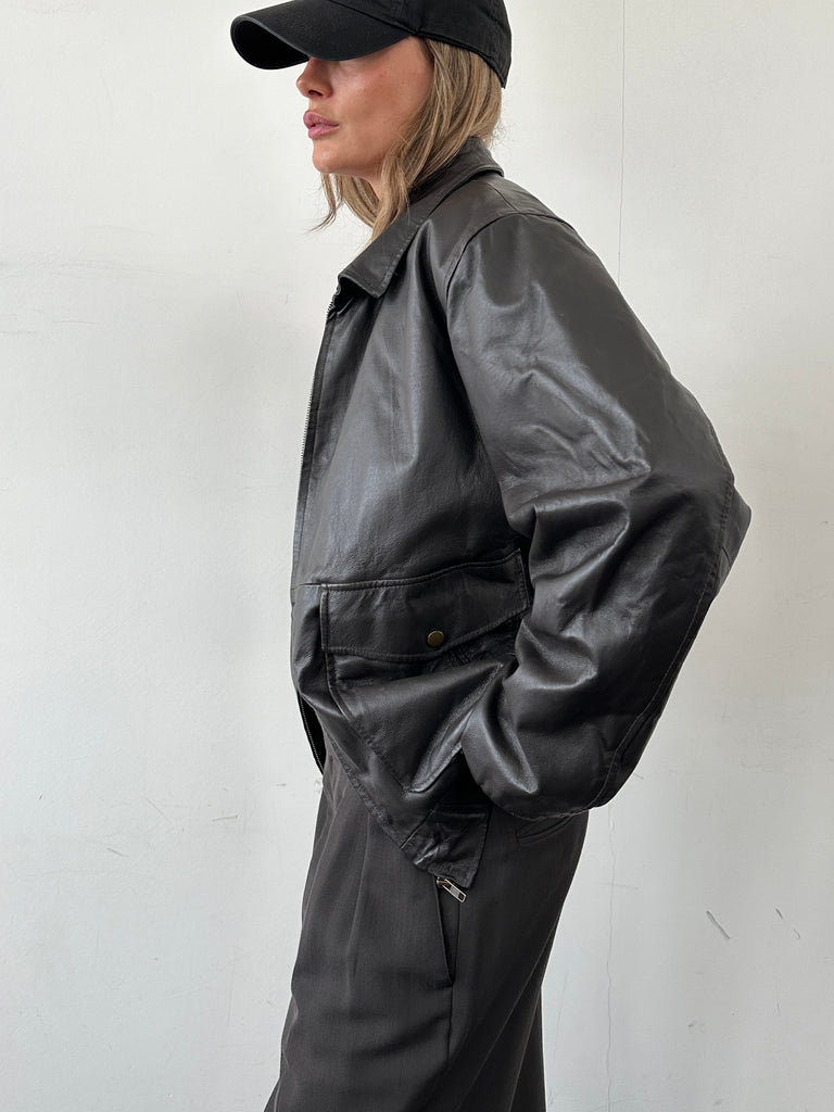 Vintage Smooth Leather Bomber Jacket - L - SYLK