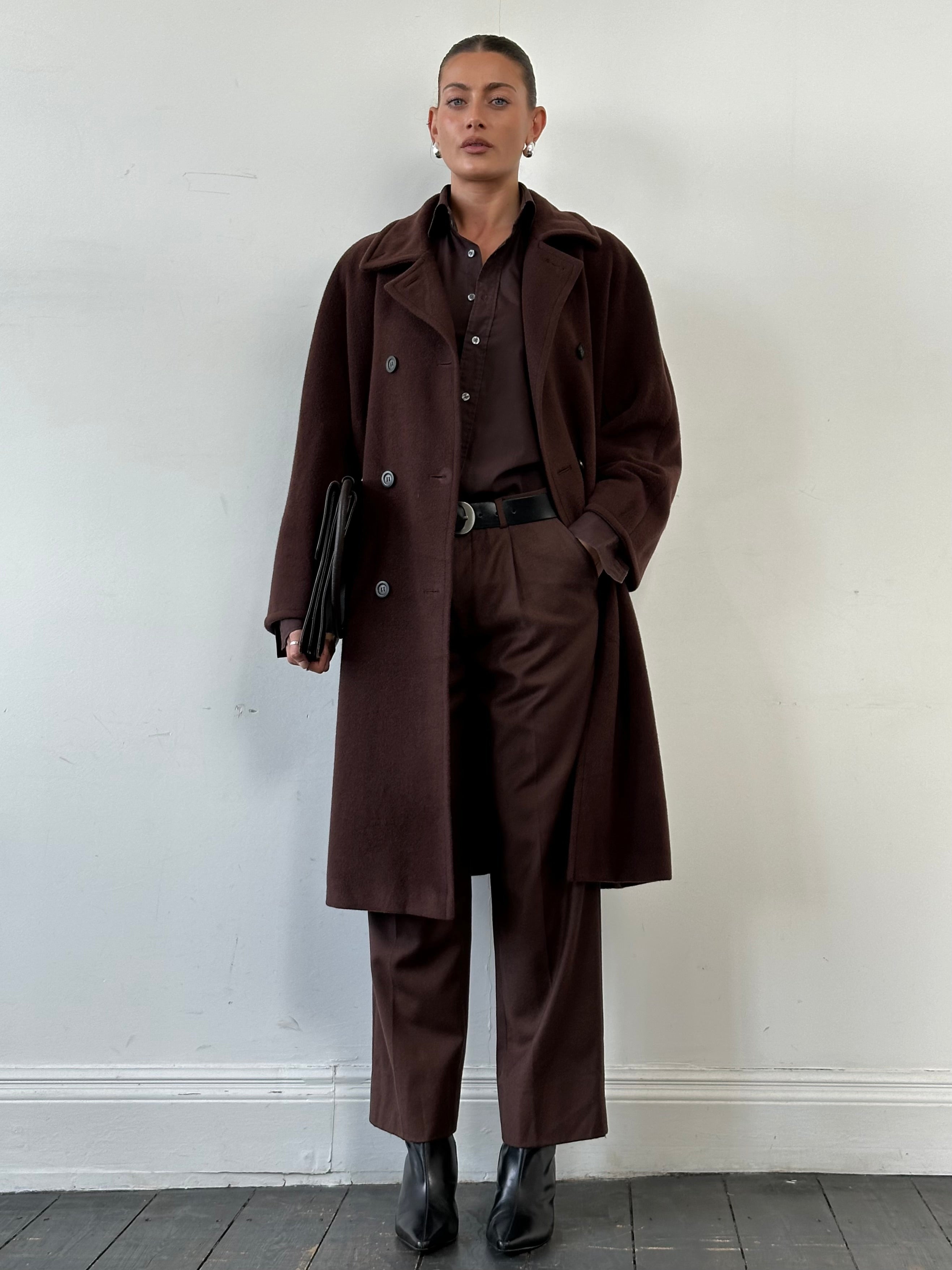 Marella wool cashmere double-breasted coat in size L, beige color, showing front view with classic lapels and tailored fit.