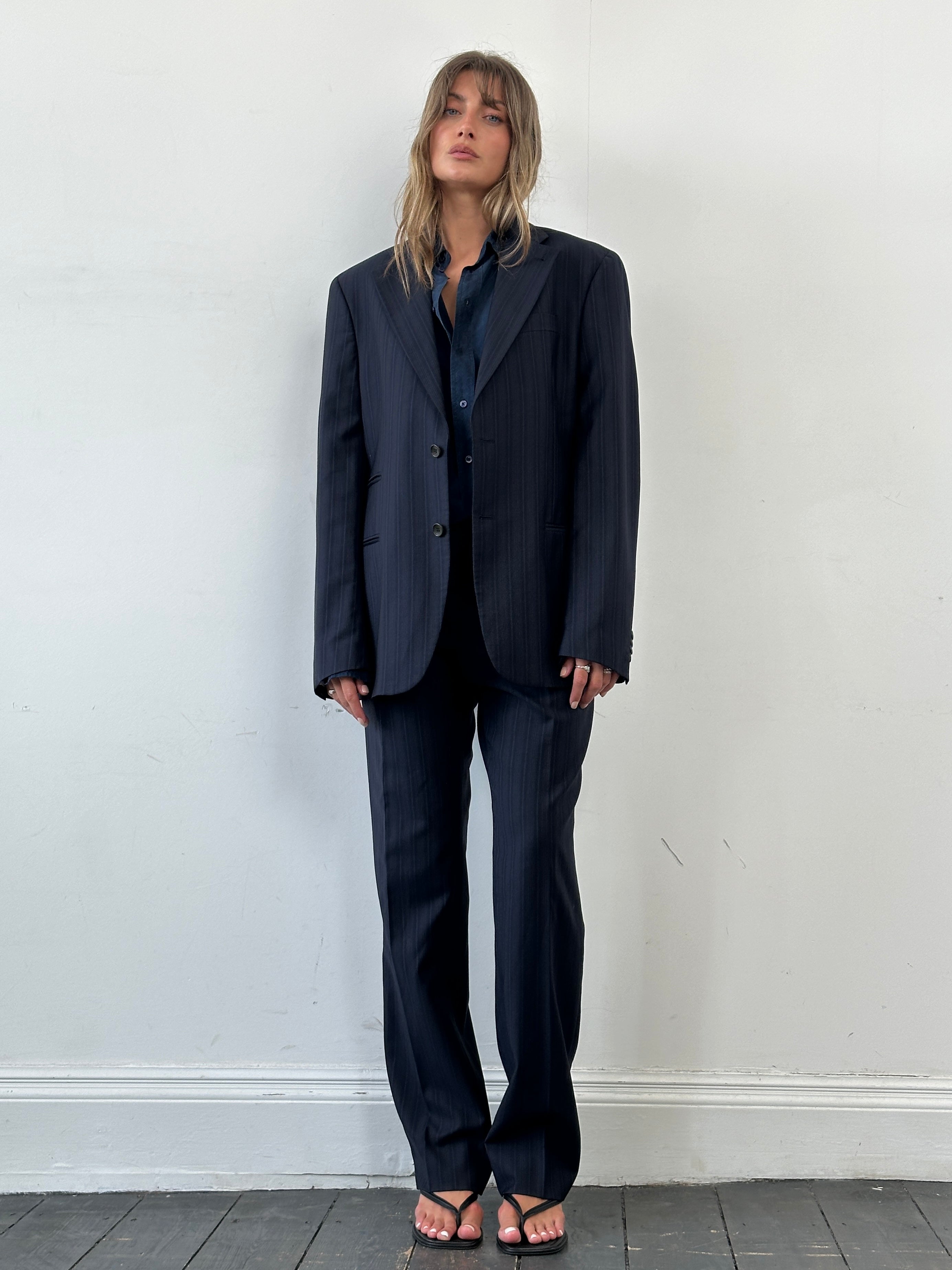 Daniele Alessandrini pure wool single-breasted suit jumpsuit in size 42R/W34, tailored fit, shown on a mannequin.