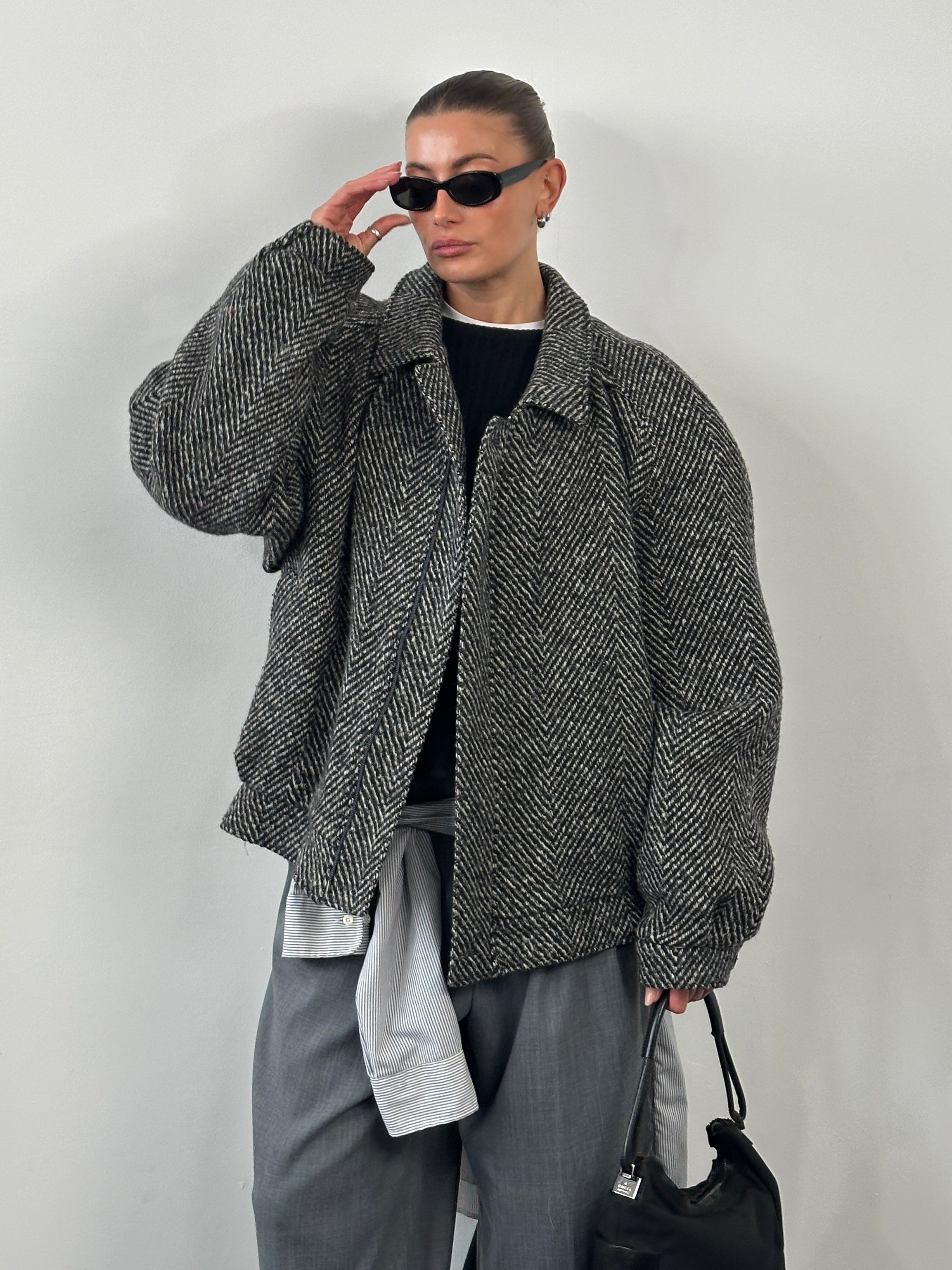 Vintage 1990s wool herringbone bomber jacket in XXL, classic retro style with a tailored fit and textured fabric.