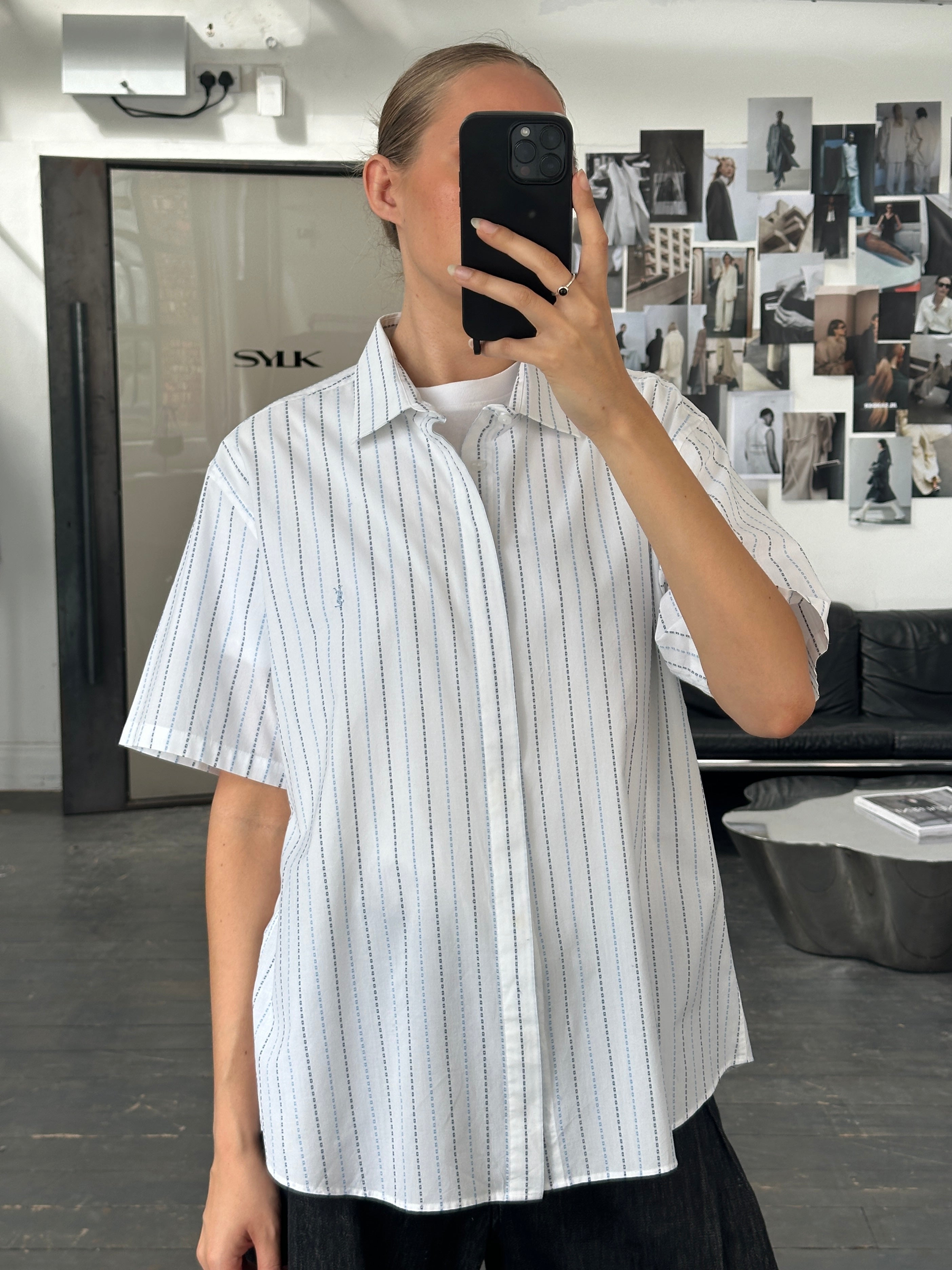 Yves Saint Laurent men's cotton check short sleeve logo shirt in size L, featuring a classic check pattern and YSL branding.