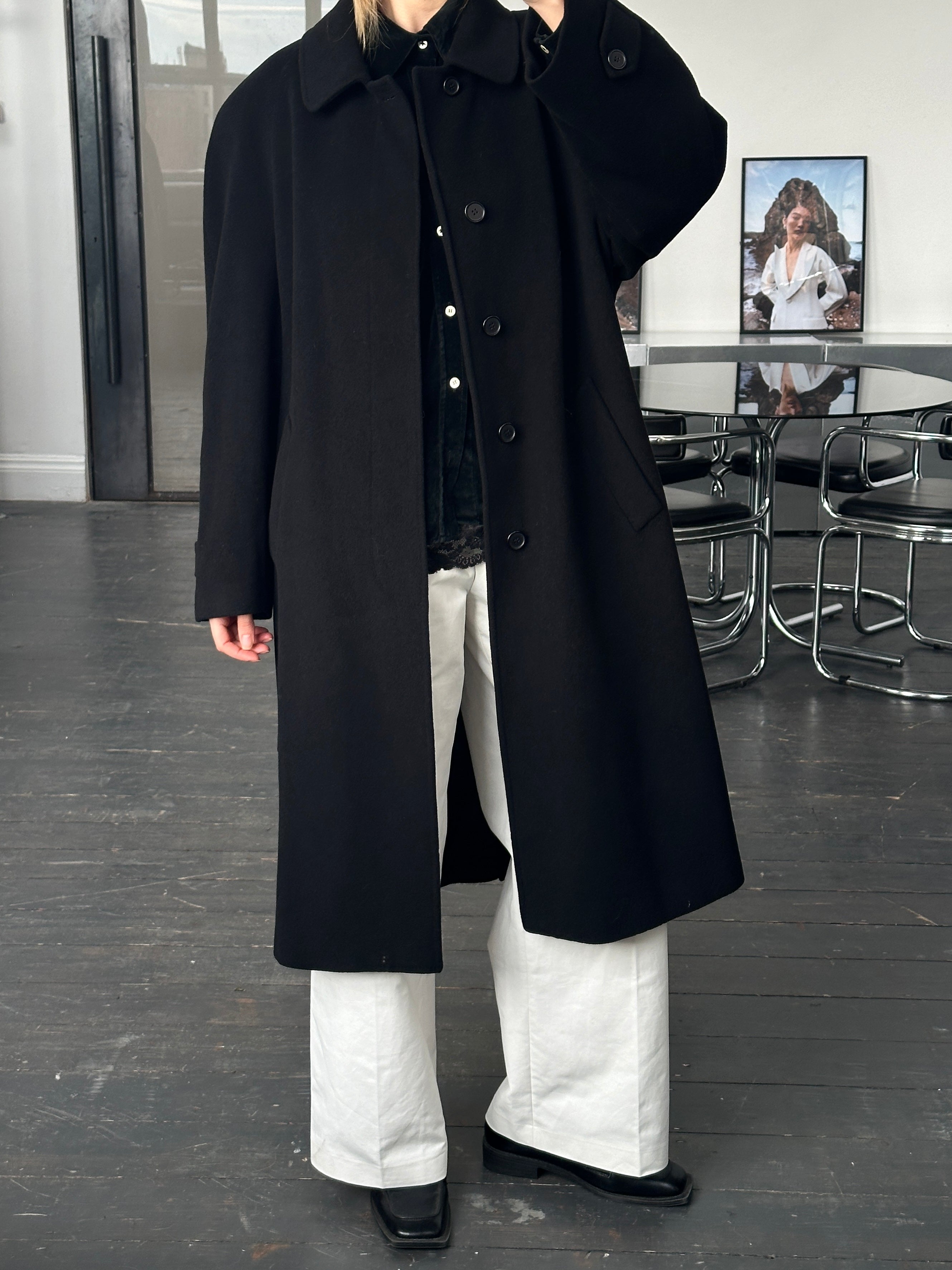 Vintage Italian 1990s wool and cashmere belted coat, XL size, featuring classic design and textured fabric.