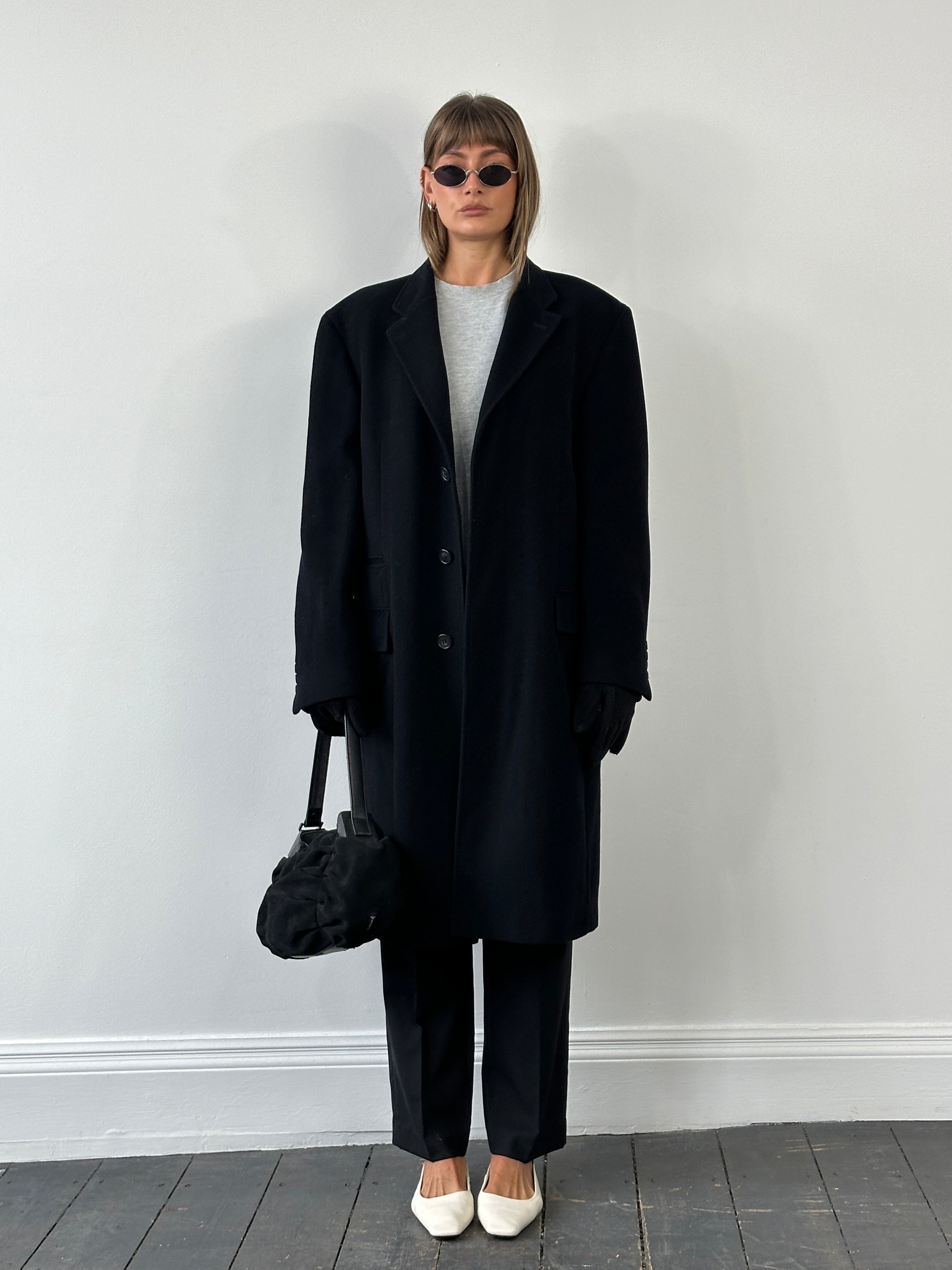 Balmain 1990s wool coat with concealed placket, minimal design in size XL, featuring classic tailored style and neutral color.