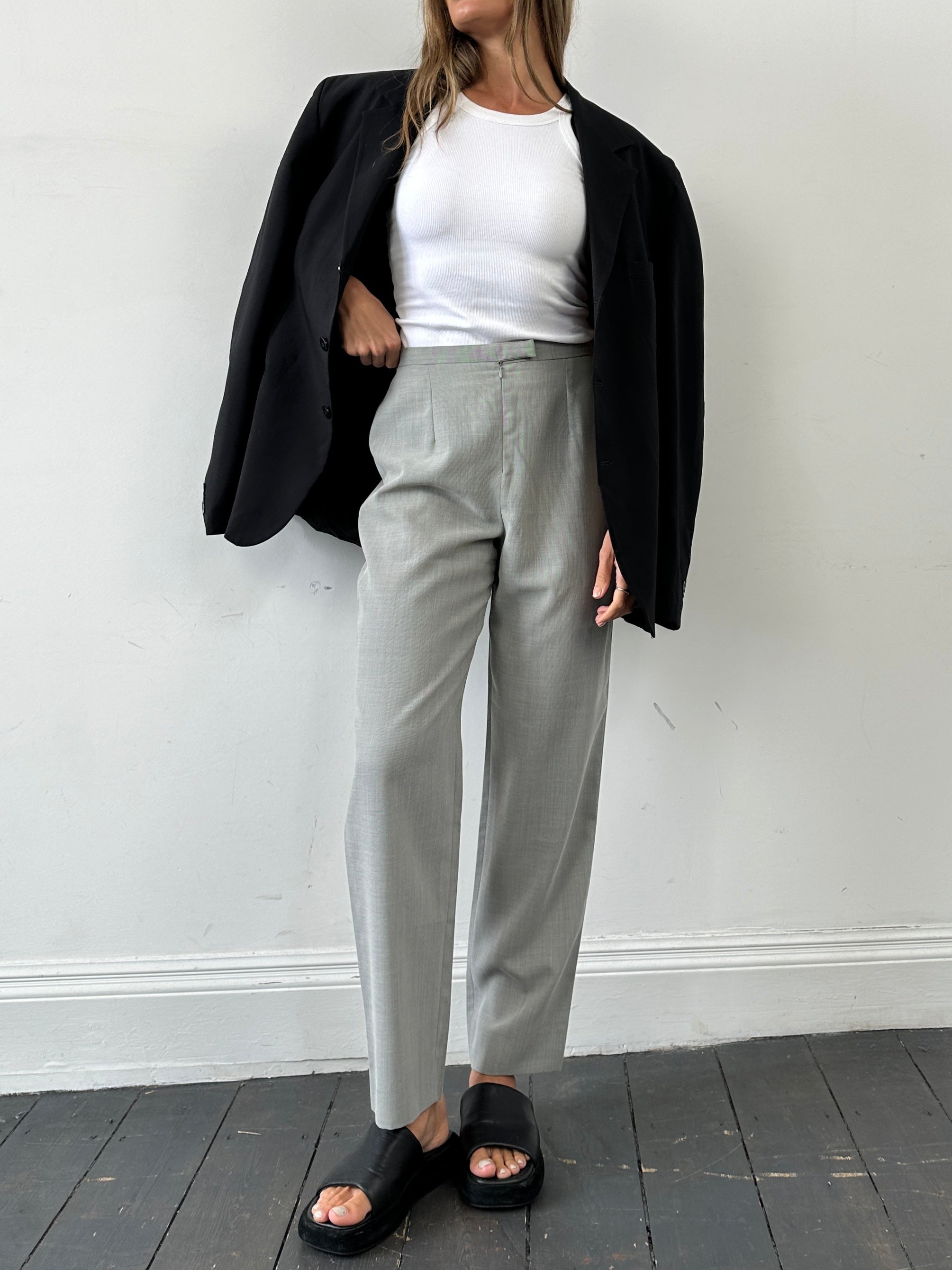 Marella wool blend high-waisted tapered leg trousers in dark fabric, front view, size W28.