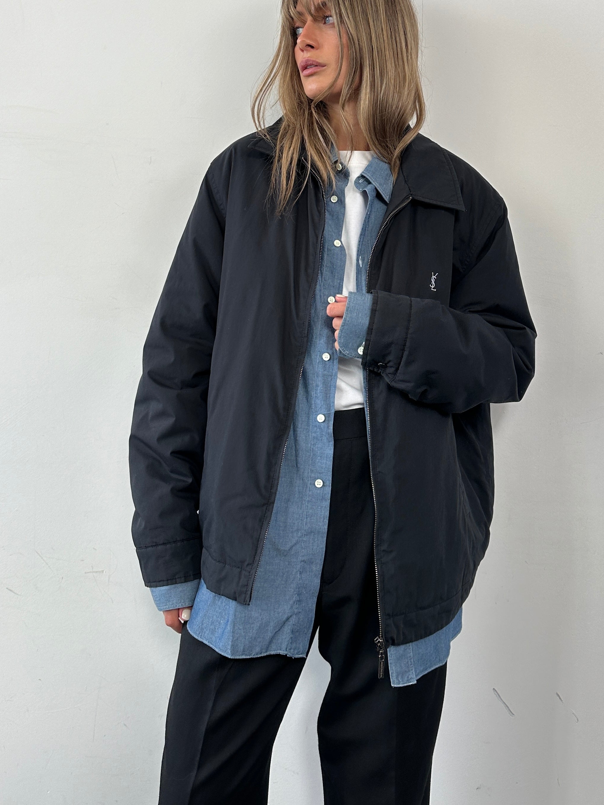 Yves Saint Laurent Pour Homme cotton logo bomber jacket in size L/XL, navy blue with YSL branding on the chest.