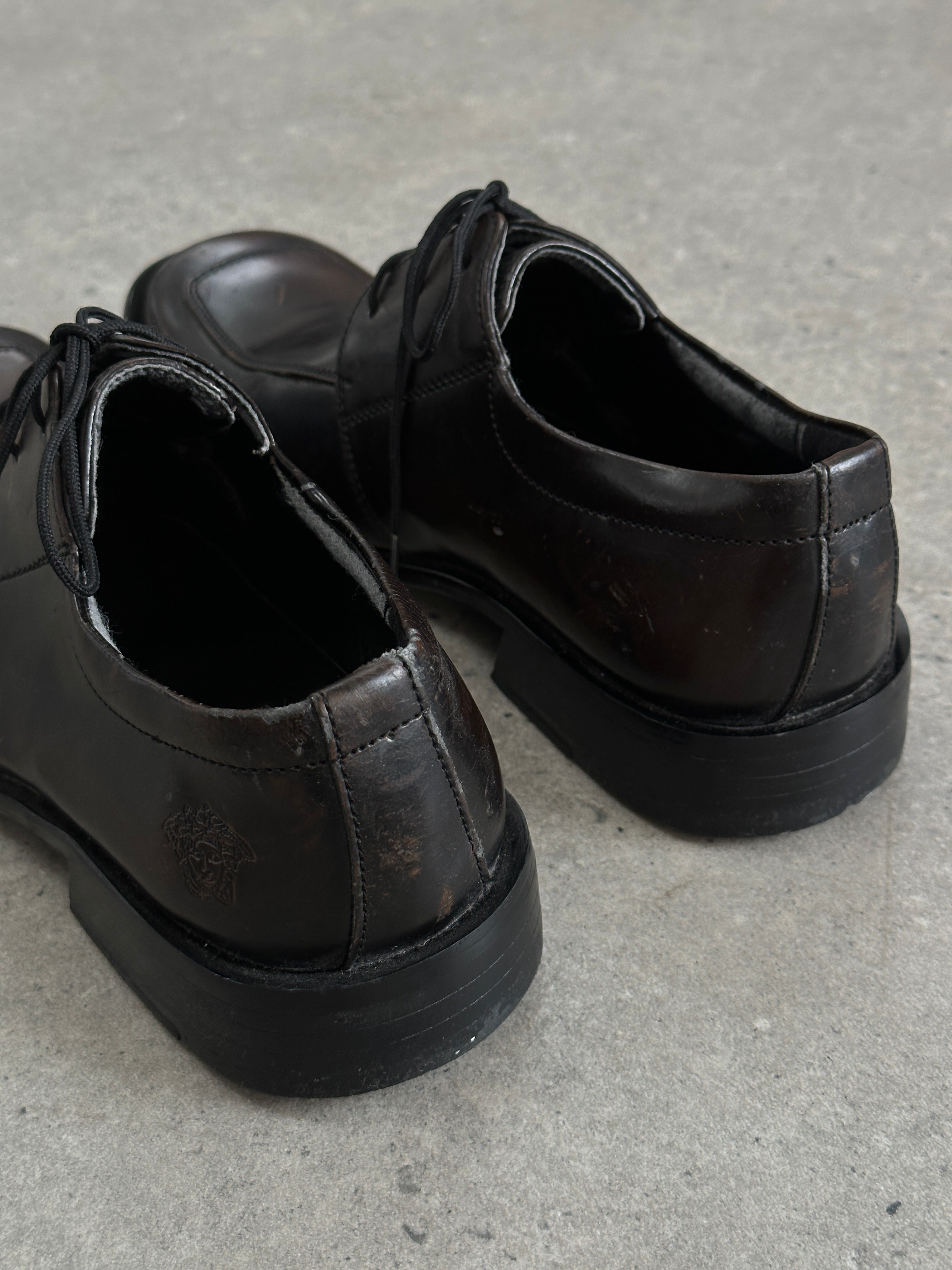 Versace Classic V2 leather square toe loafers in UK size 7, featuring sleek design and polished finish.