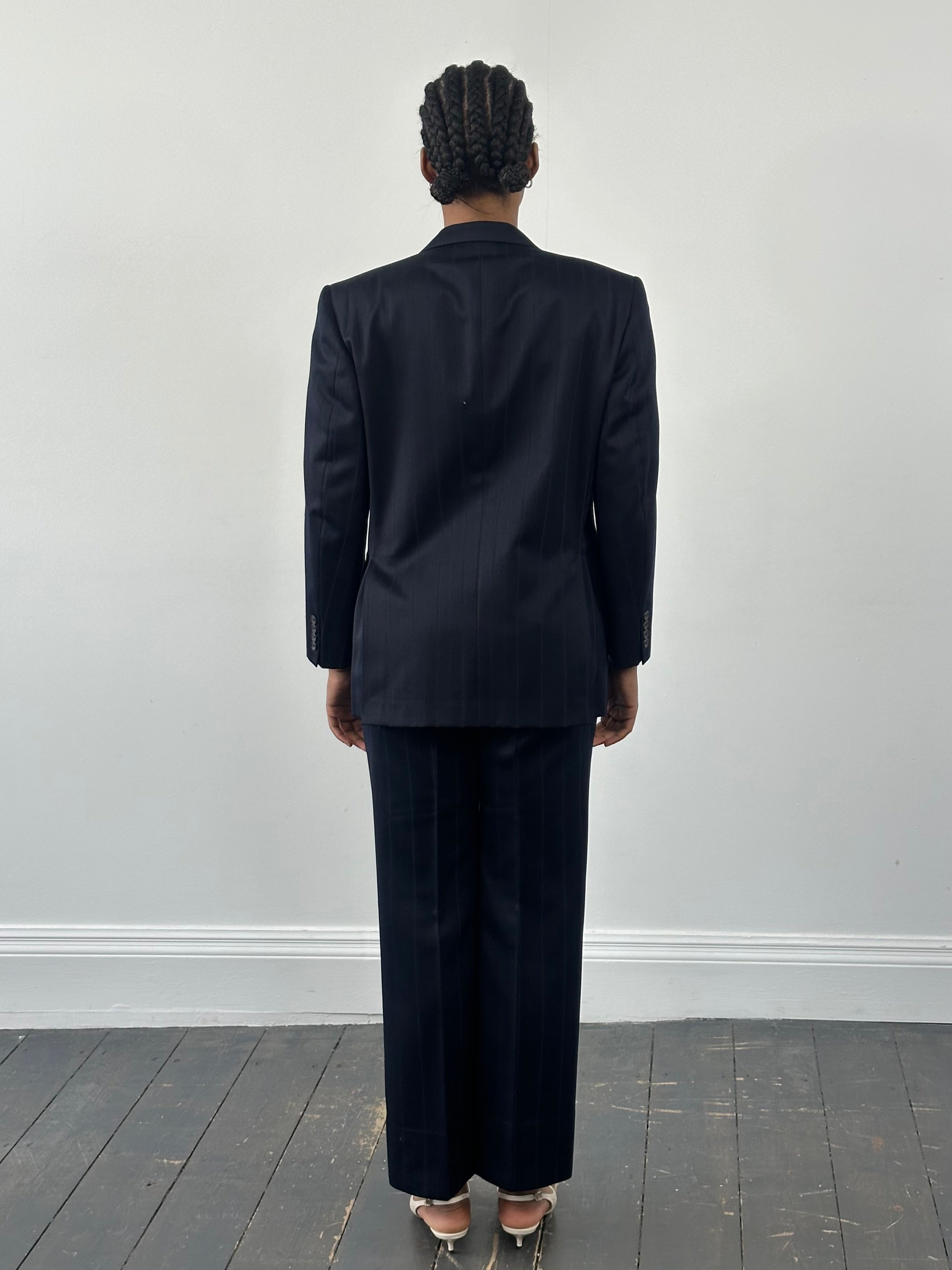 Burberry 1990s pure wool stripe double-breasted suit, size 36S/W28, featuring classic tailored fit and signature check pattern.