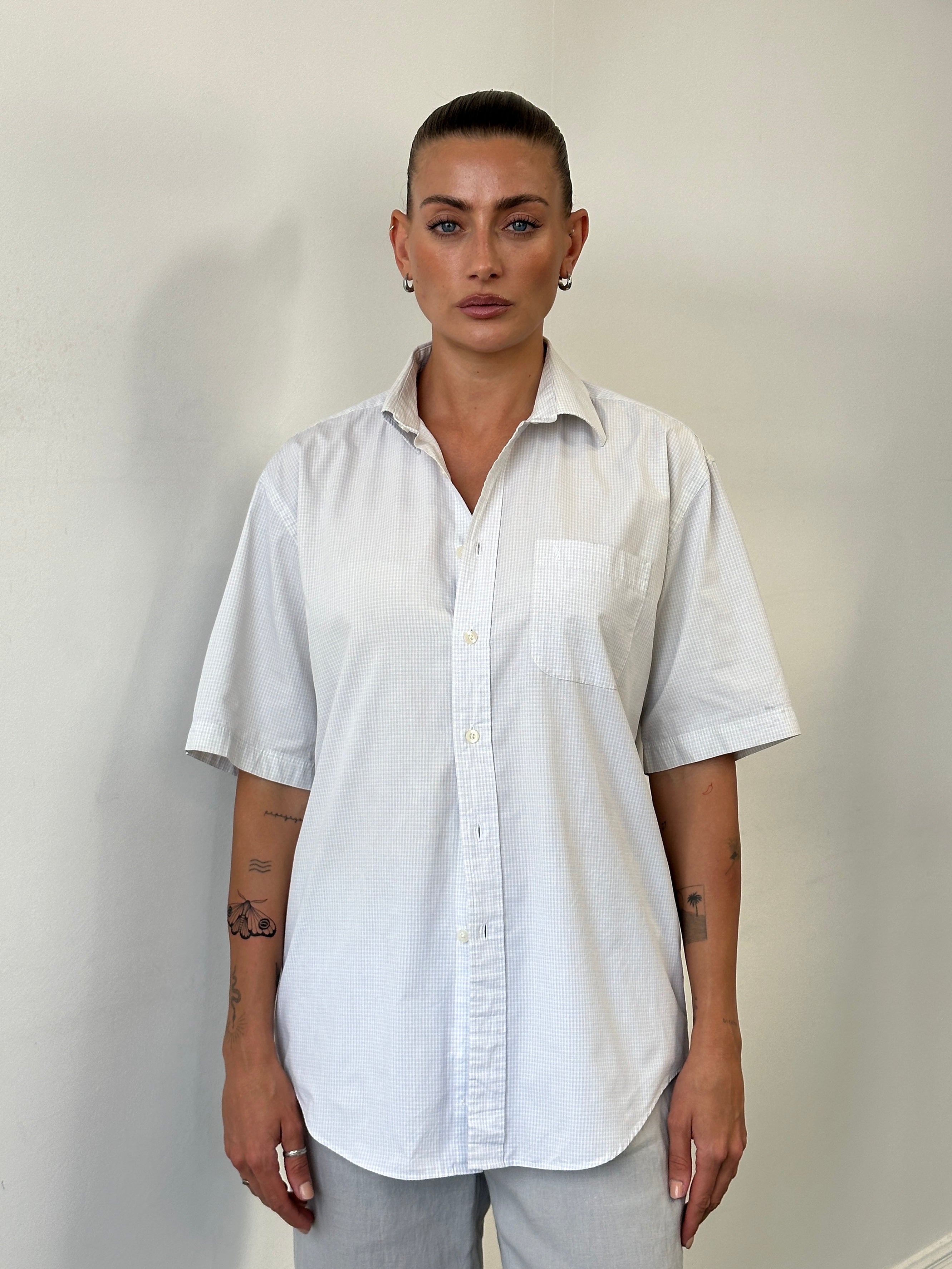 Yves Saint Laurent Pour Homme cotton check short sleeve logo shirt in size L, featuring a classic plaid pattern and YSL branding.