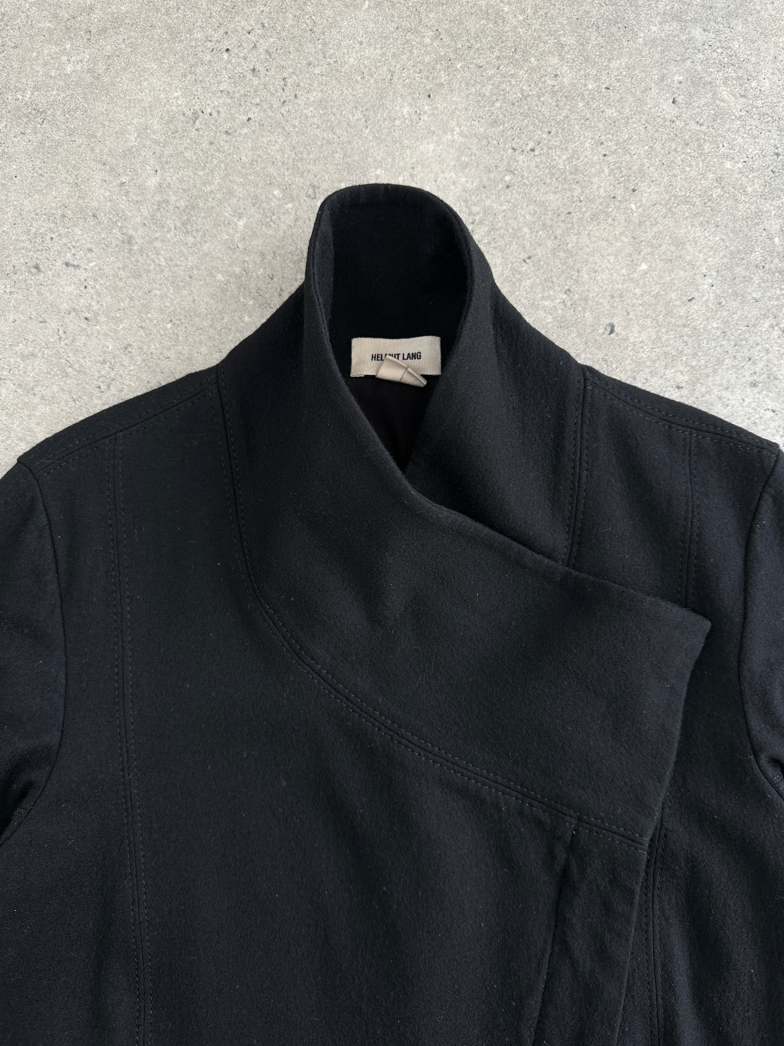 Helmut Lang asymmetric high neck wool belted jacket in size S, featuring a modern silhouette and tailored design.