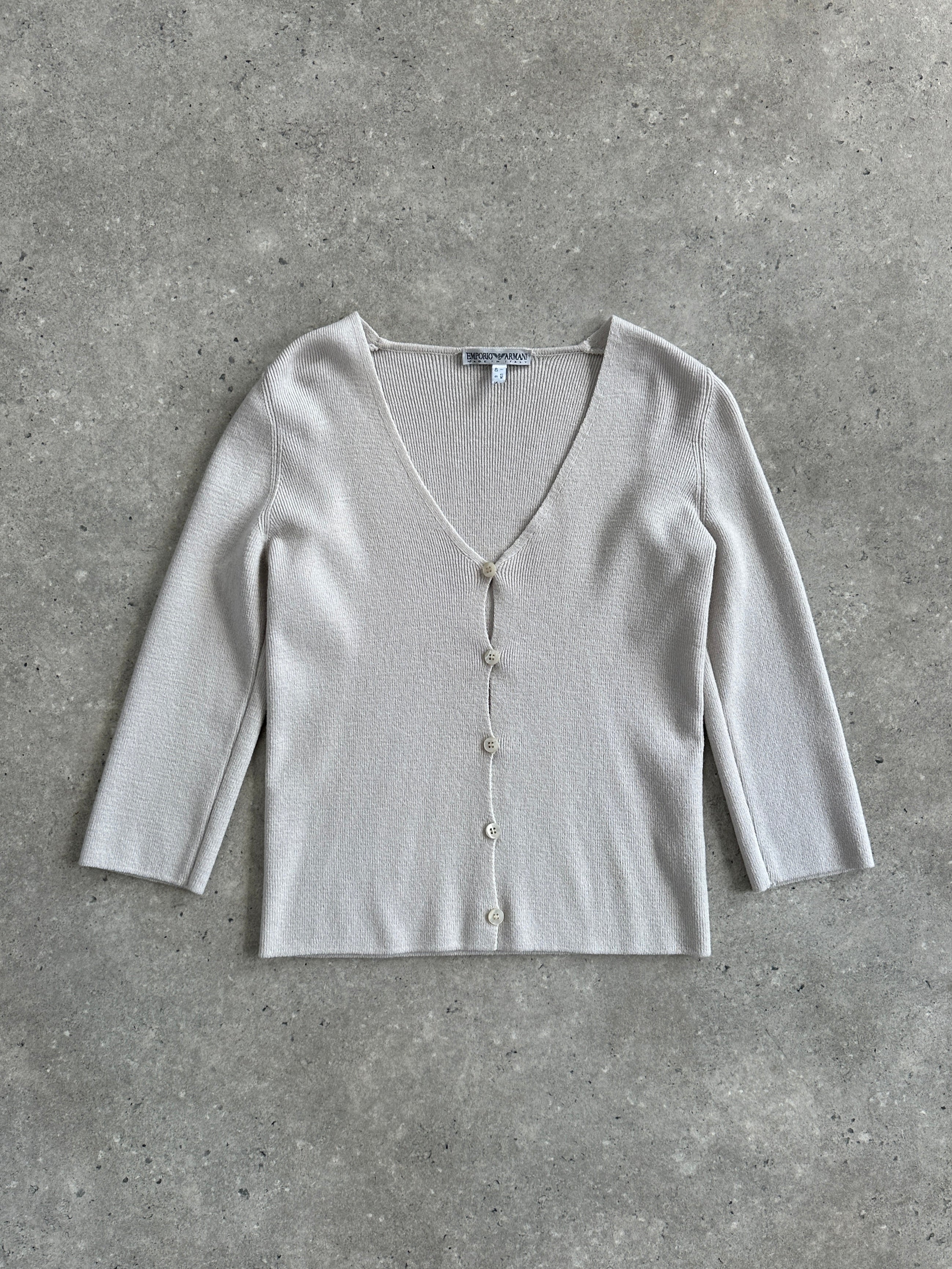 Emporio Armani merino wool cardigan in XXS/XS, beige color, featuring a button-up front and ribbed cuffs and hem.