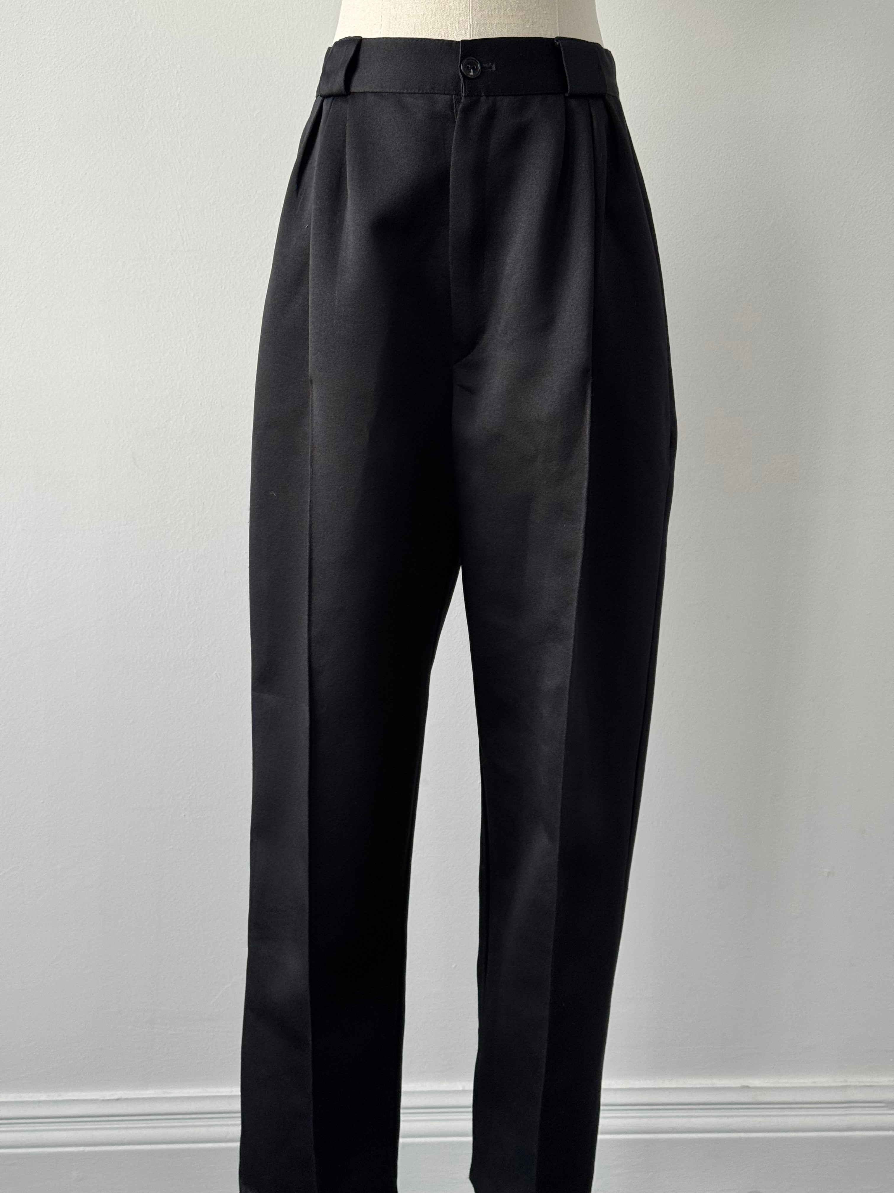 Vintage 1980s satin tapered leg high-waisted trousers in deep burgundy, front view showcasing sleek design and high waist.