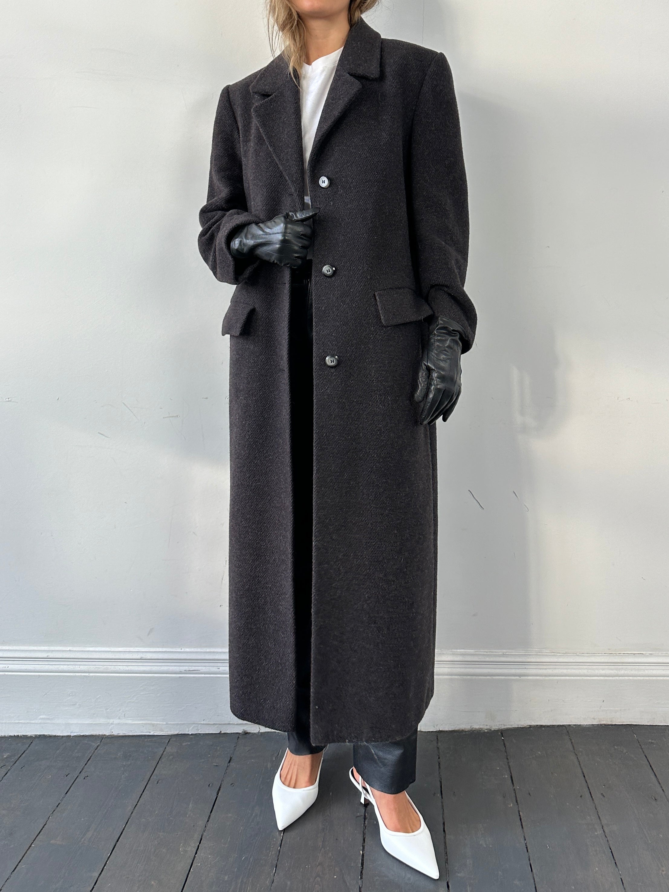 St Michael wool alpaca mohair floor-length coat in M/L, shown in a natural pose, highlighting the textured fabric and elegant design.