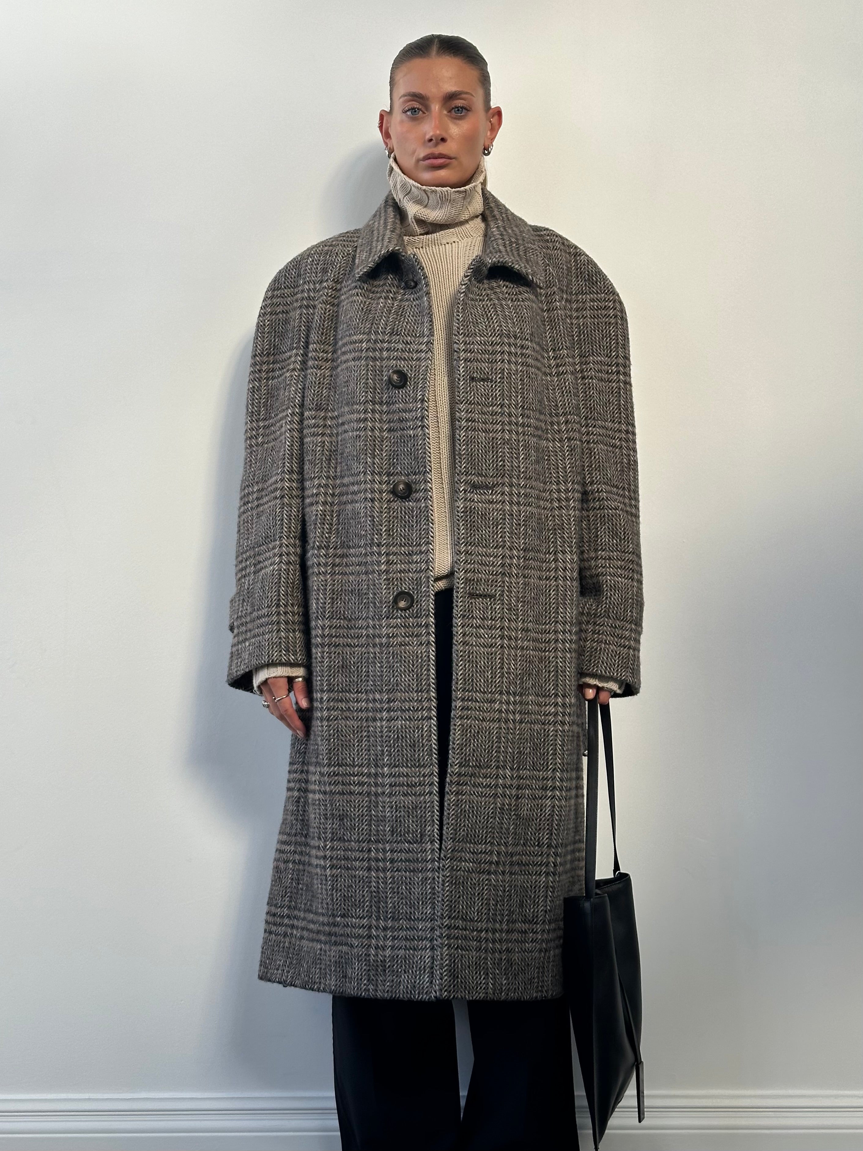 Vintage wool check belted coat in XL/XXL, featuring a classic plaid pattern and warm, cozy design.
