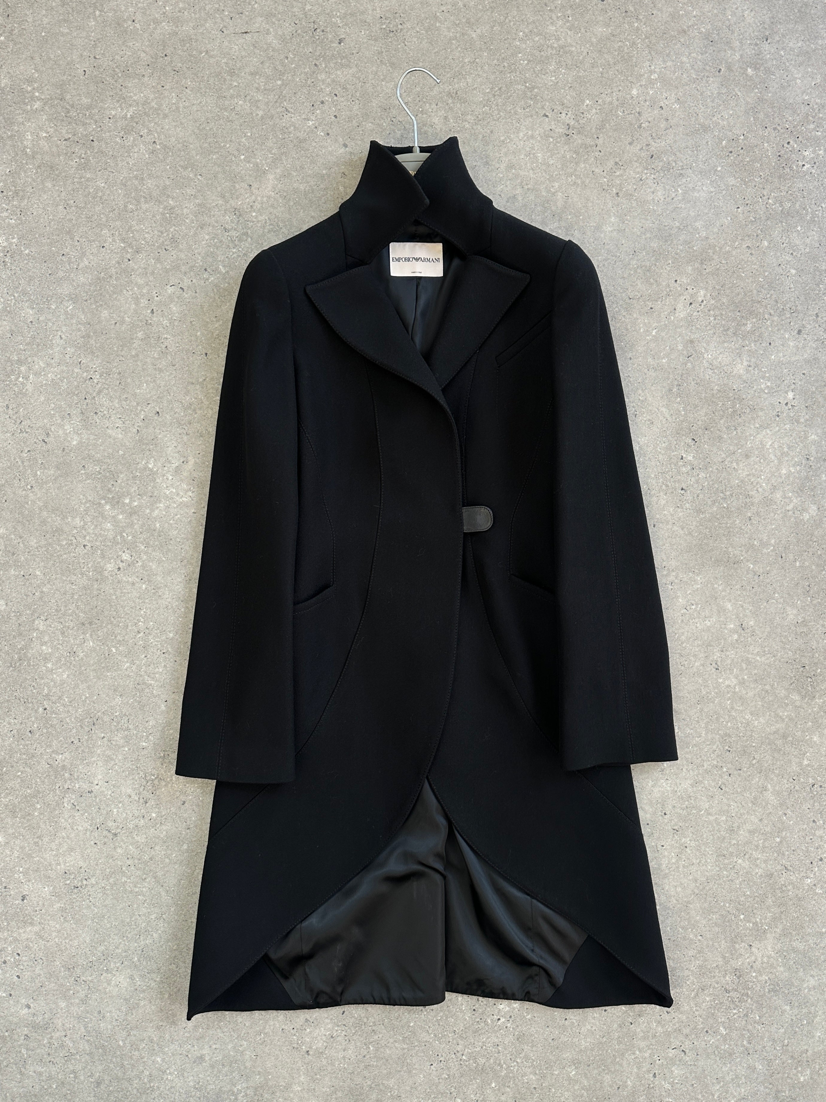 Emporio Armani 2000s pure wool tailored coat in size S, featuring classic design and structured fit, displayed on a hanger.
