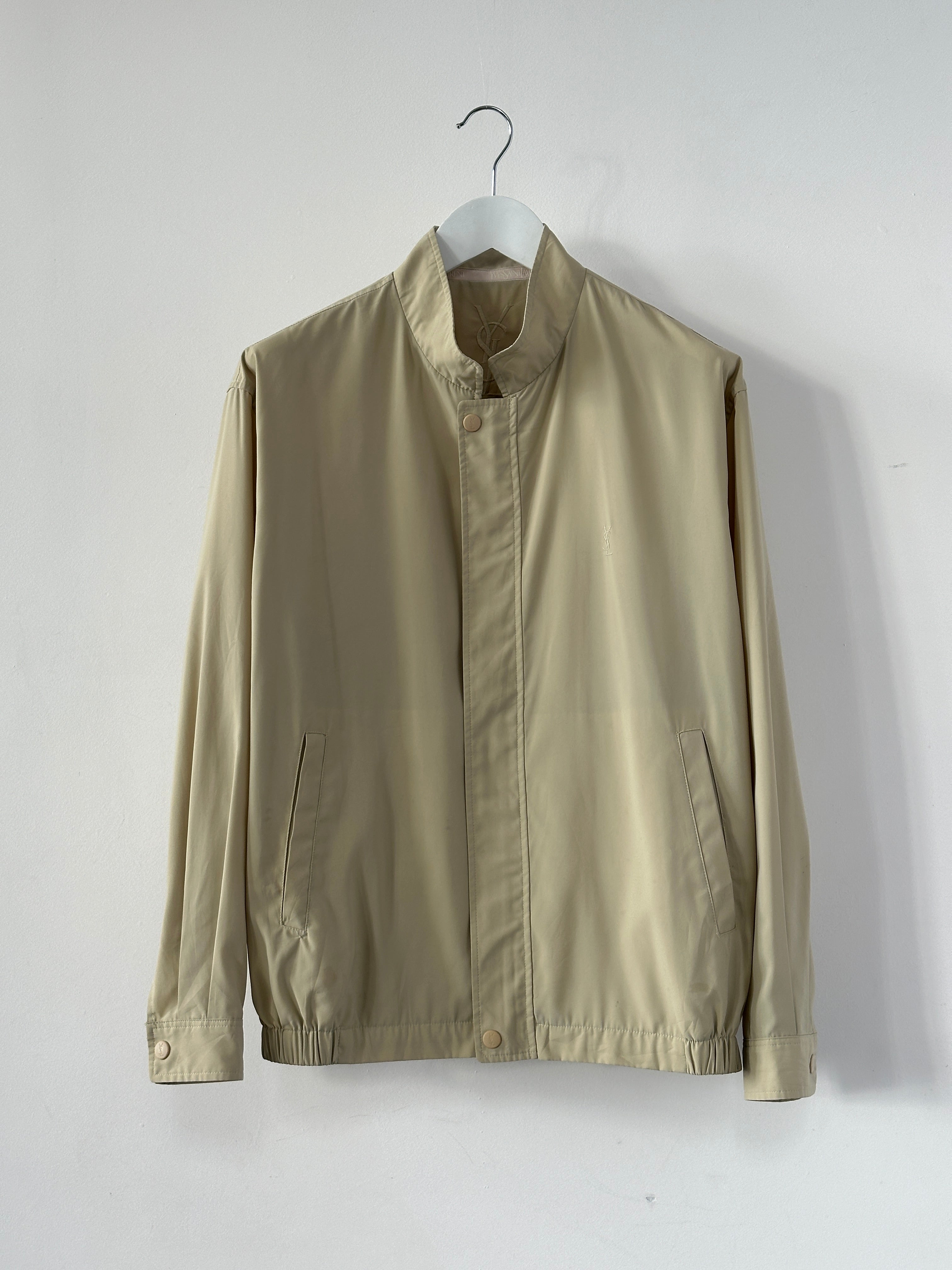 Yves Saint Laurent Pour Homme logo bomber jacket in black, M/L size, shown with front view, featuring signature branding and stylish design.