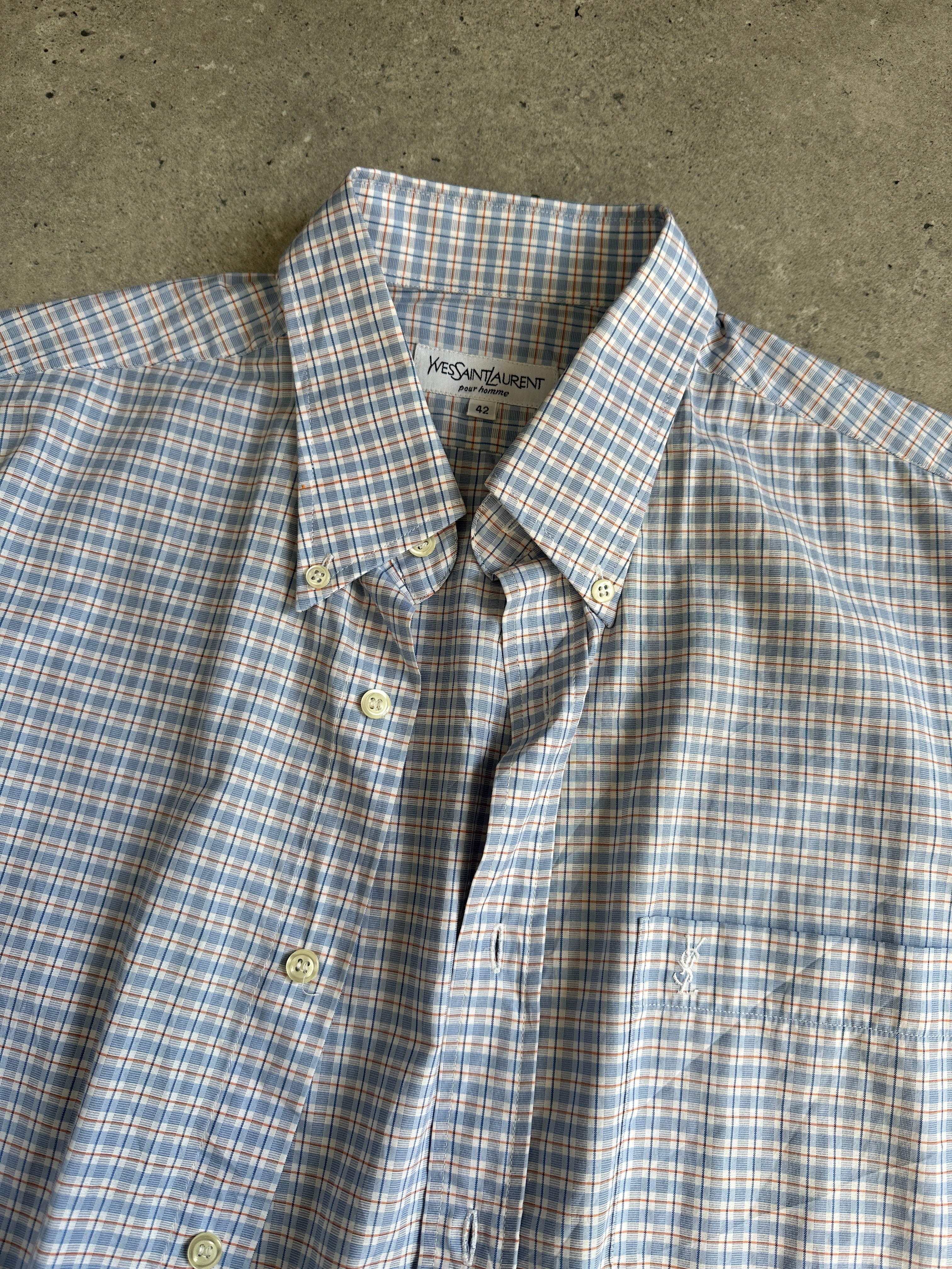 Yves Saint Laurent Pour Homme check cotton logo short sleeve shirt in XL, featuring a classic pattern and YSL branding.