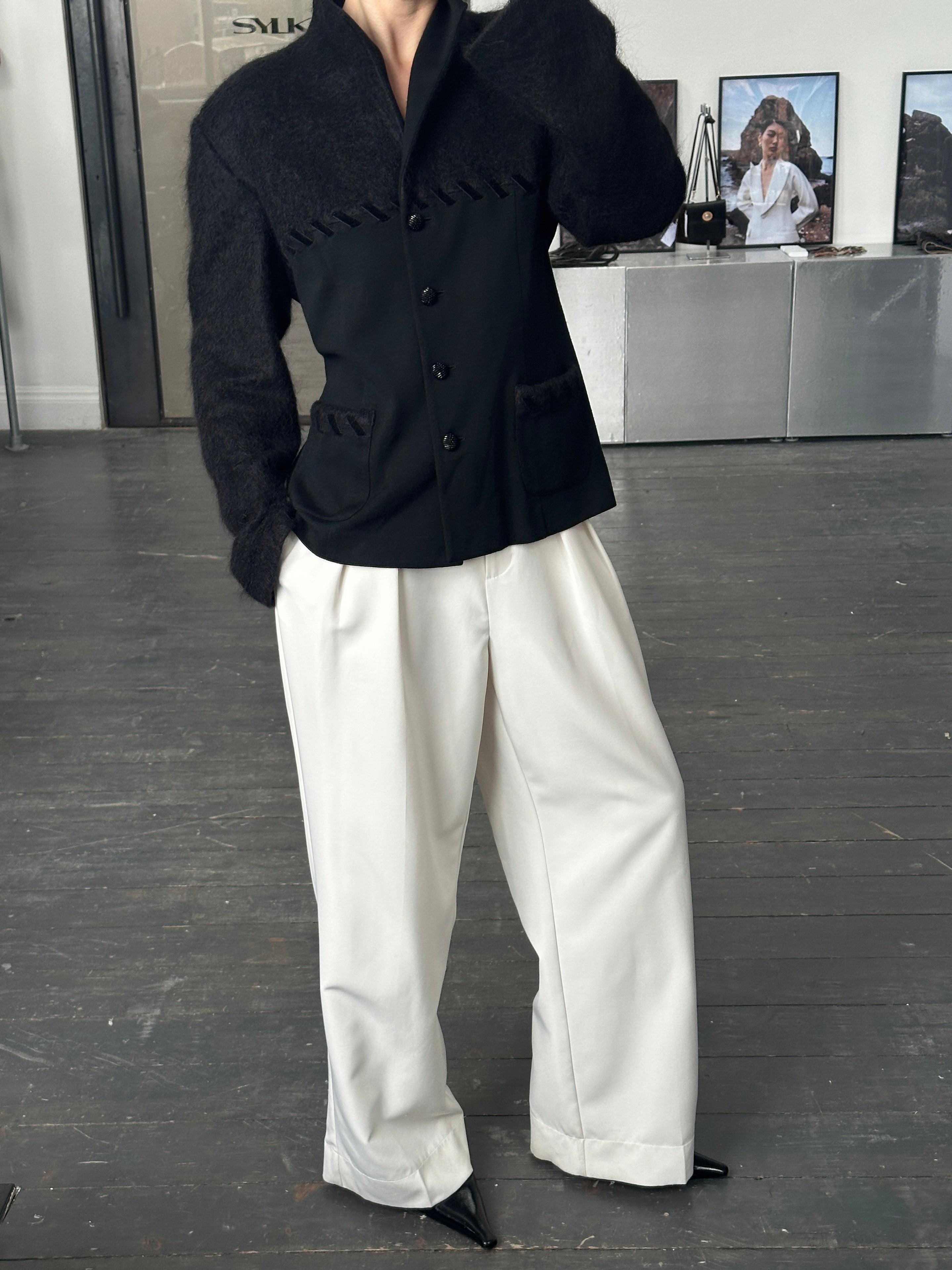 Vintage Italian 1990s mohair wool contrast panel jacket, stylish and textured, with a classic fit and unique color blocking design.