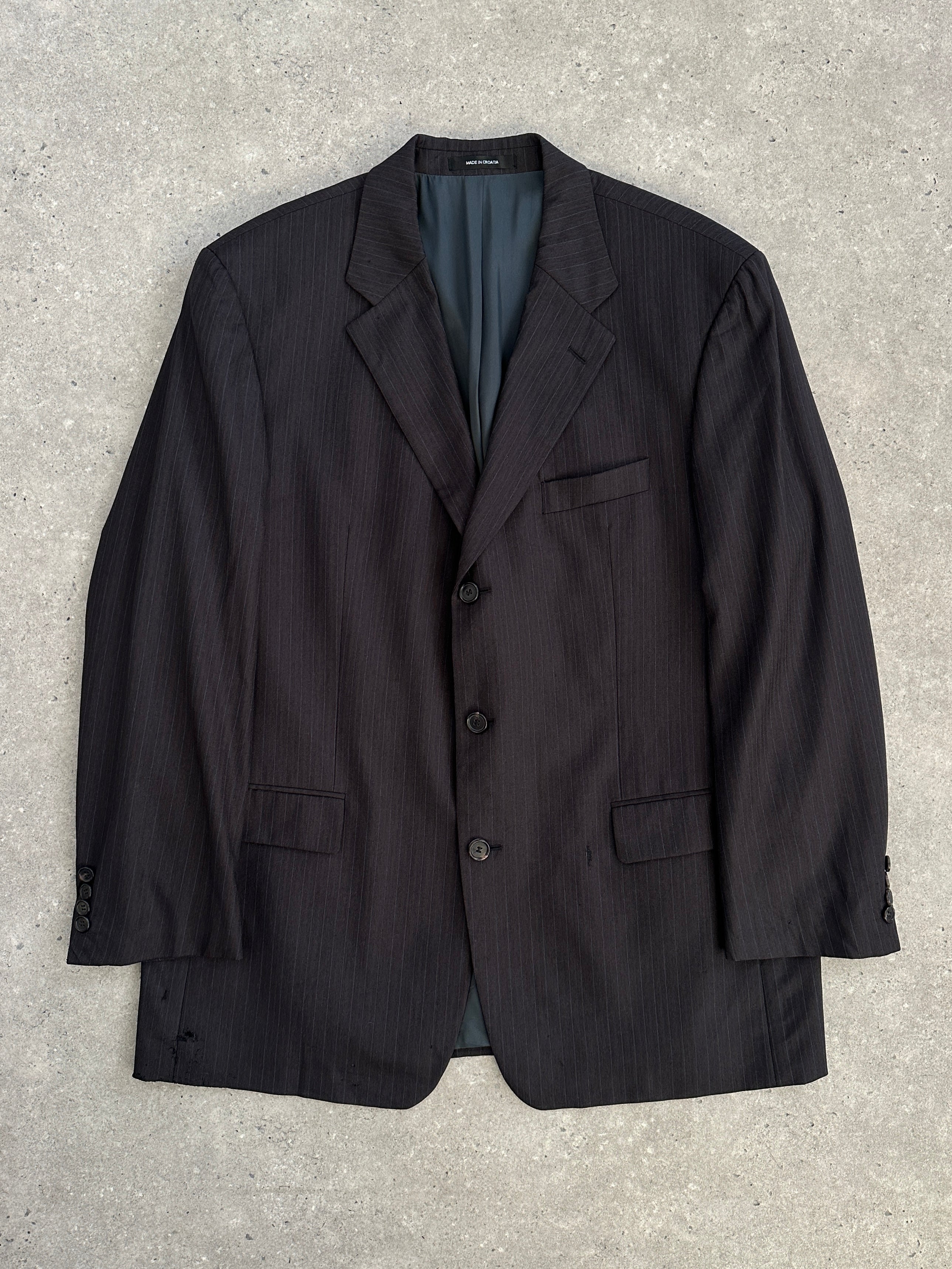 Hugo Boss x Loro Piana 1990s striped pure wool single-breasted blazer, 38R/M, navy and cream color, tailored fit.