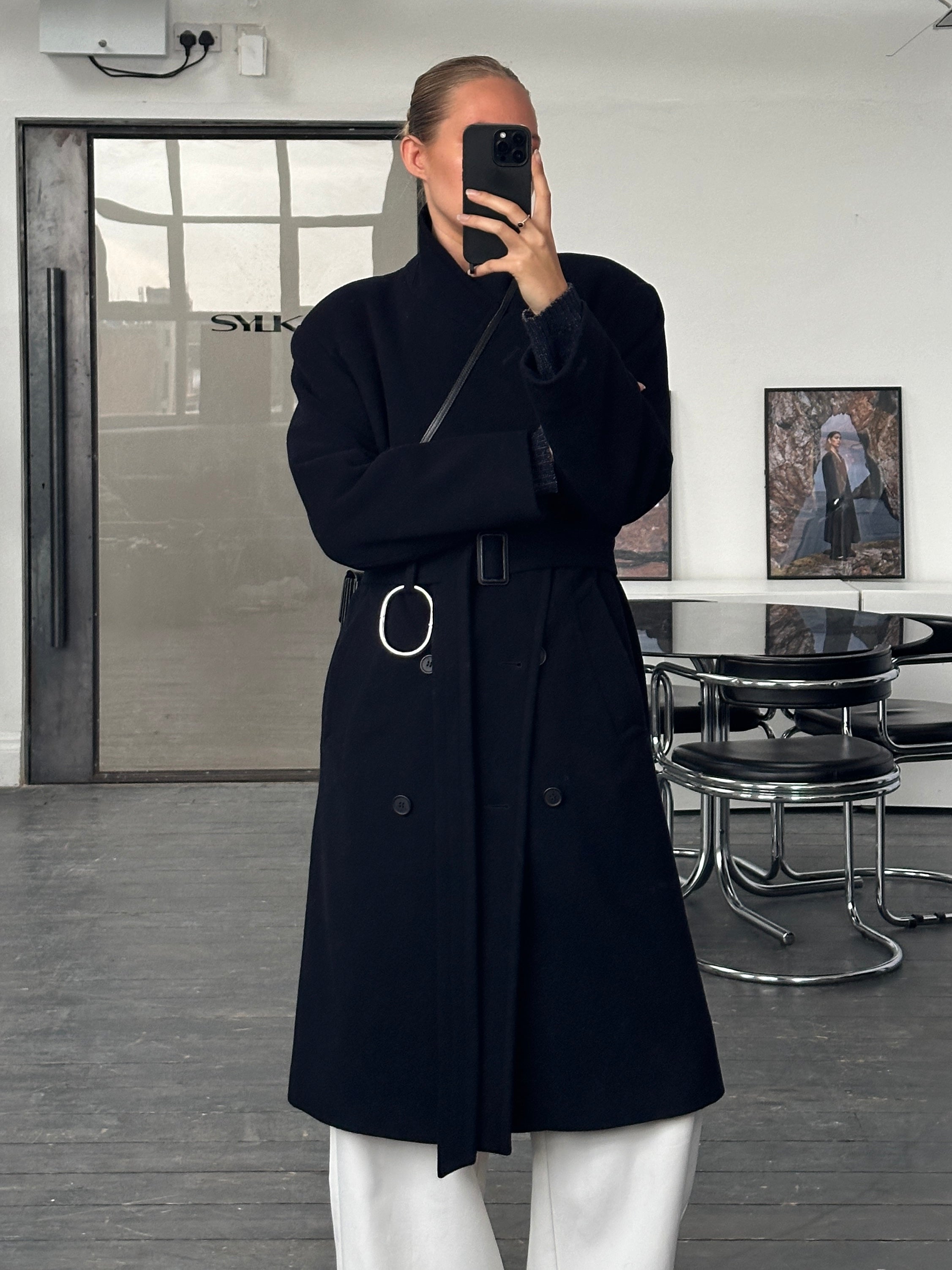 Vintage 1990s wool and cashmere double-breasted belted coat in size L, featuring classic design and textured fabric.