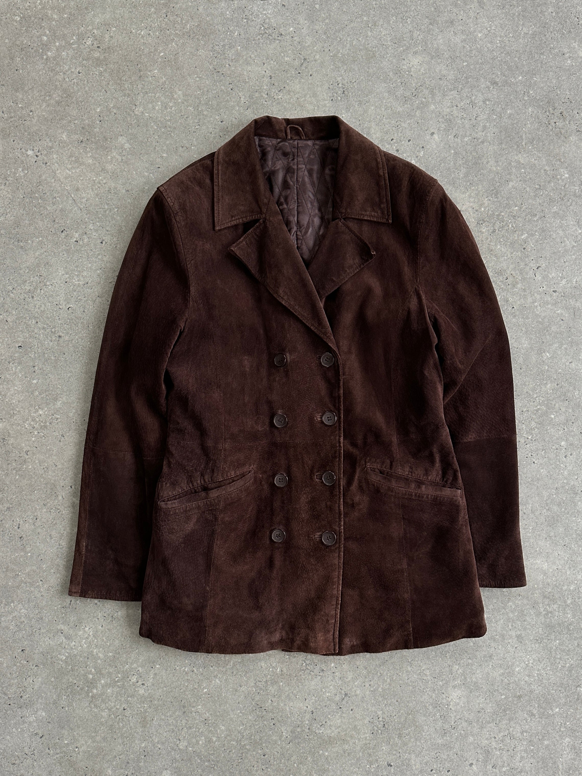 Vintage double-breasted suede jacket with belt in size M/L, showcasing classic style and textured material.
