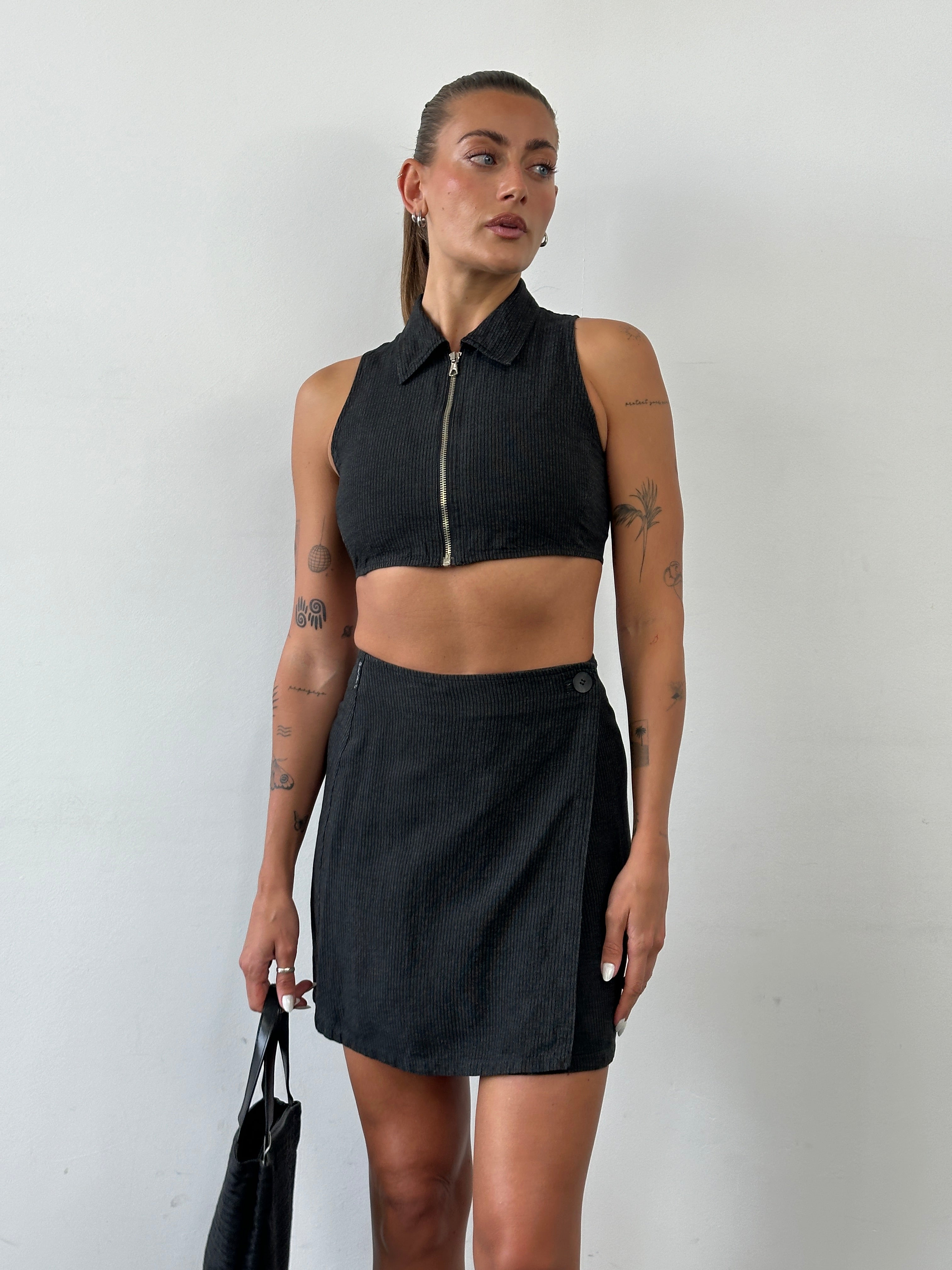 Armani Jeans linen stripe two-piece skirt set with a matching skirt and top, featuring blue and white horizontal stripes.