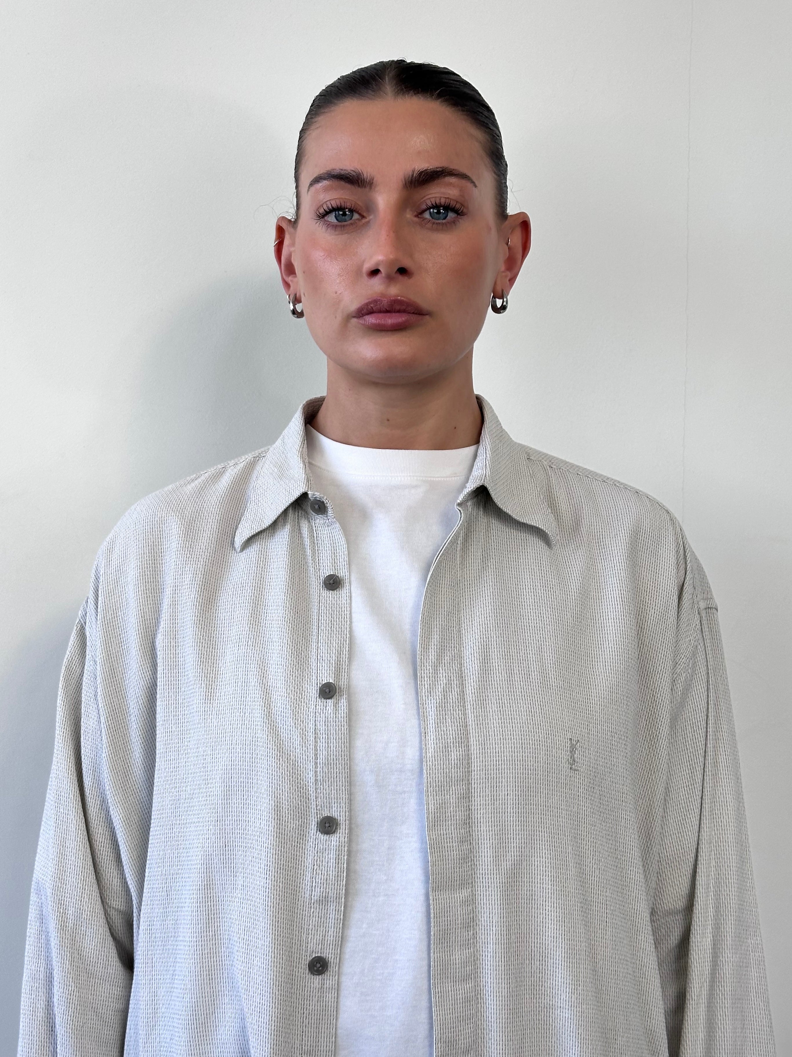 Yves Saint Laurent Pour Homme 1990s cotton logo shirt in size M/L, featuring classic design and visible brand logo.