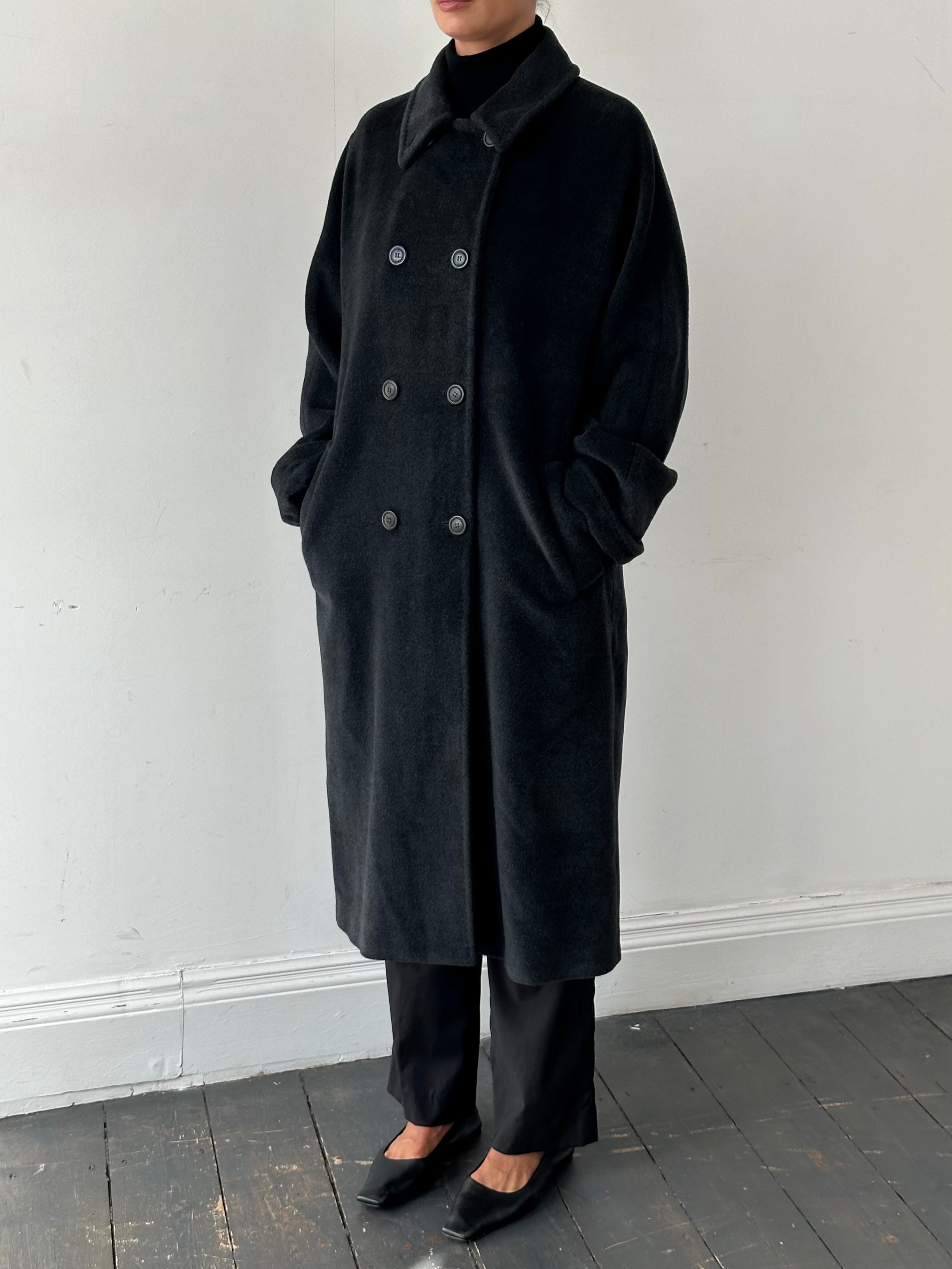 Marella wool cashmere double-breasted coat in XL, shown on a hanger, featuring a classic design with large front buttons and a tailored fit.