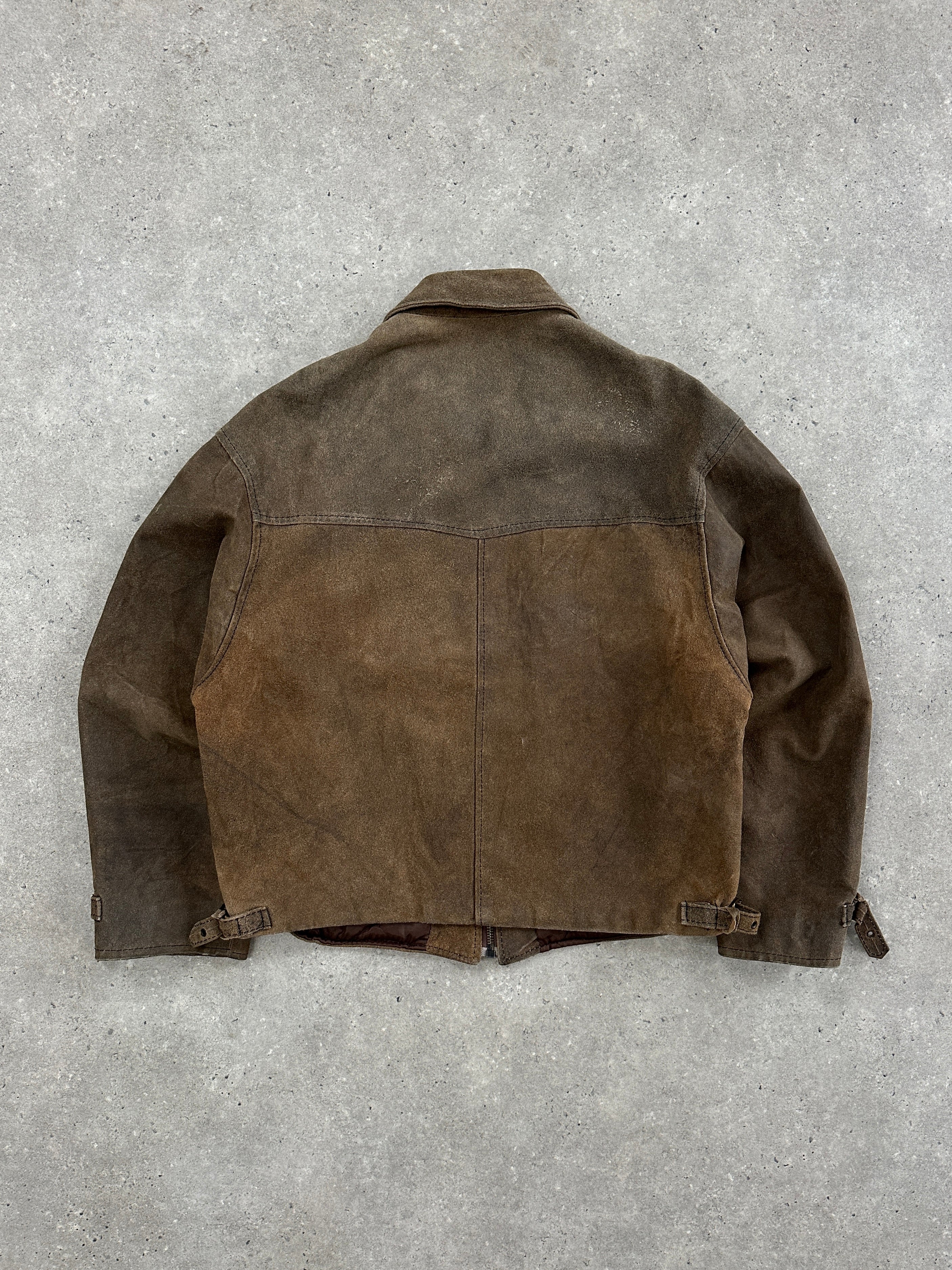 Vintage 1980s boxy leather jacket in XL size, featuring classic leather texture and retro style.