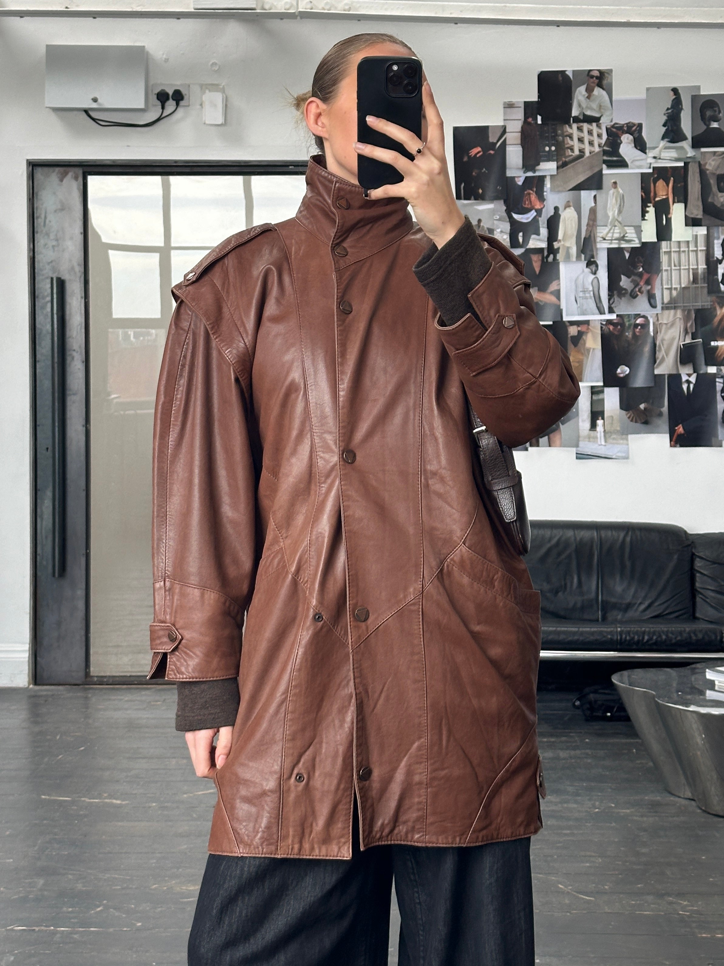 Vintage 1990s Leather High Neck Trench Coat - L - SYLK