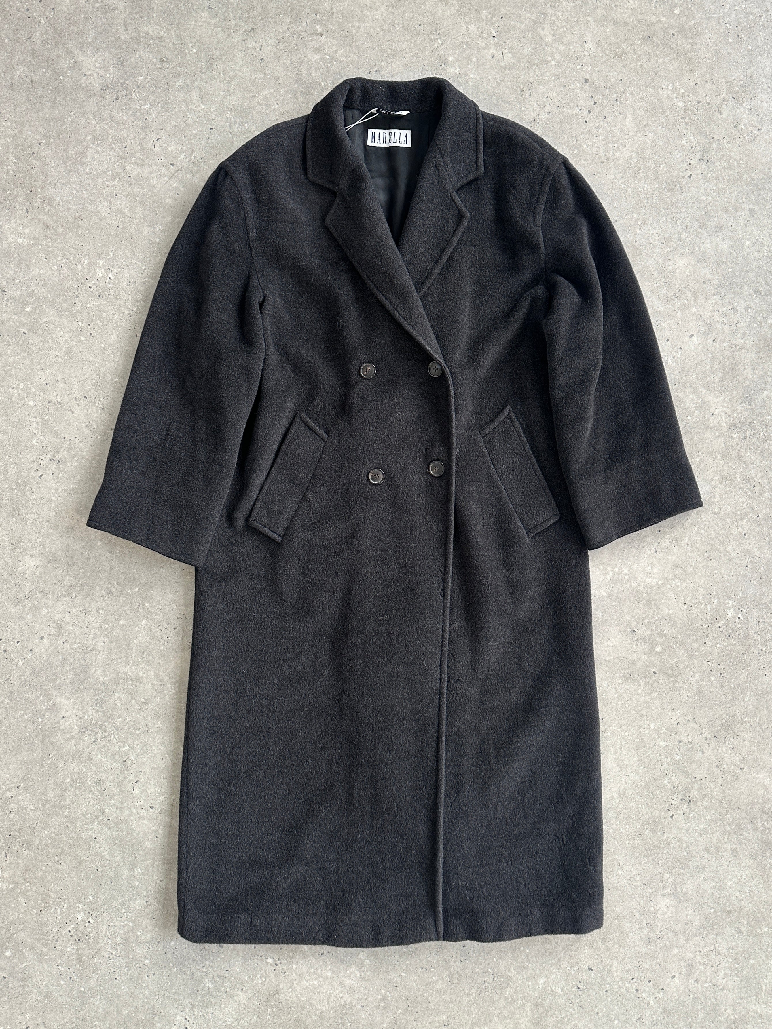 Marella wool cashmere double-breasted floor-length coat in XL, showcasing a stylish, warm outerwear design with lapels and button details.