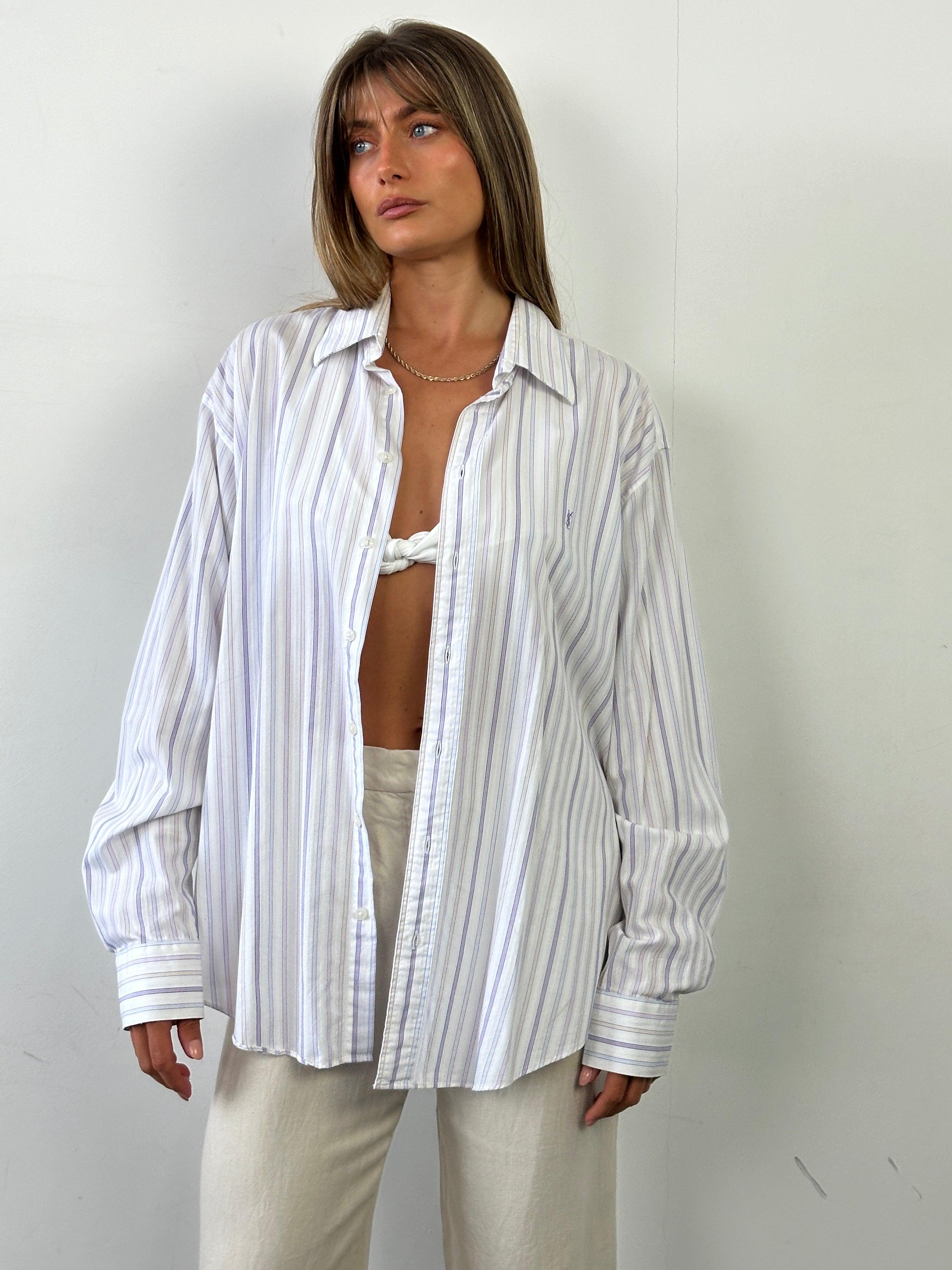 Yves Saint Laurent Pour Homme stripe cotton shirt in XL with logo detail, featuring a classic button-up design and crisp fabric.