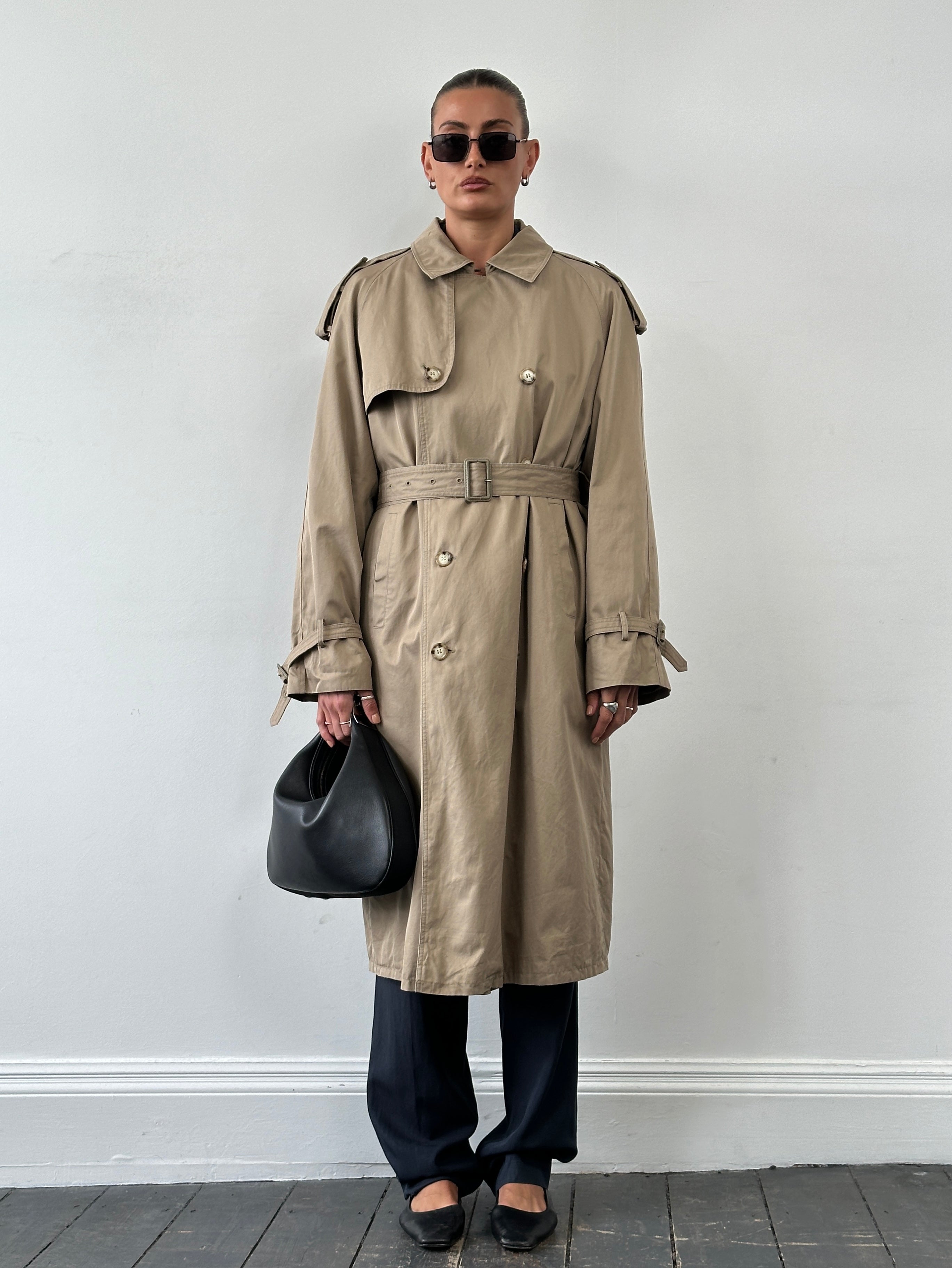 Yves Saint Laurent 80s pure cotton double-breasted belted trench coat in XL, beige color with classic design and wide lapels.