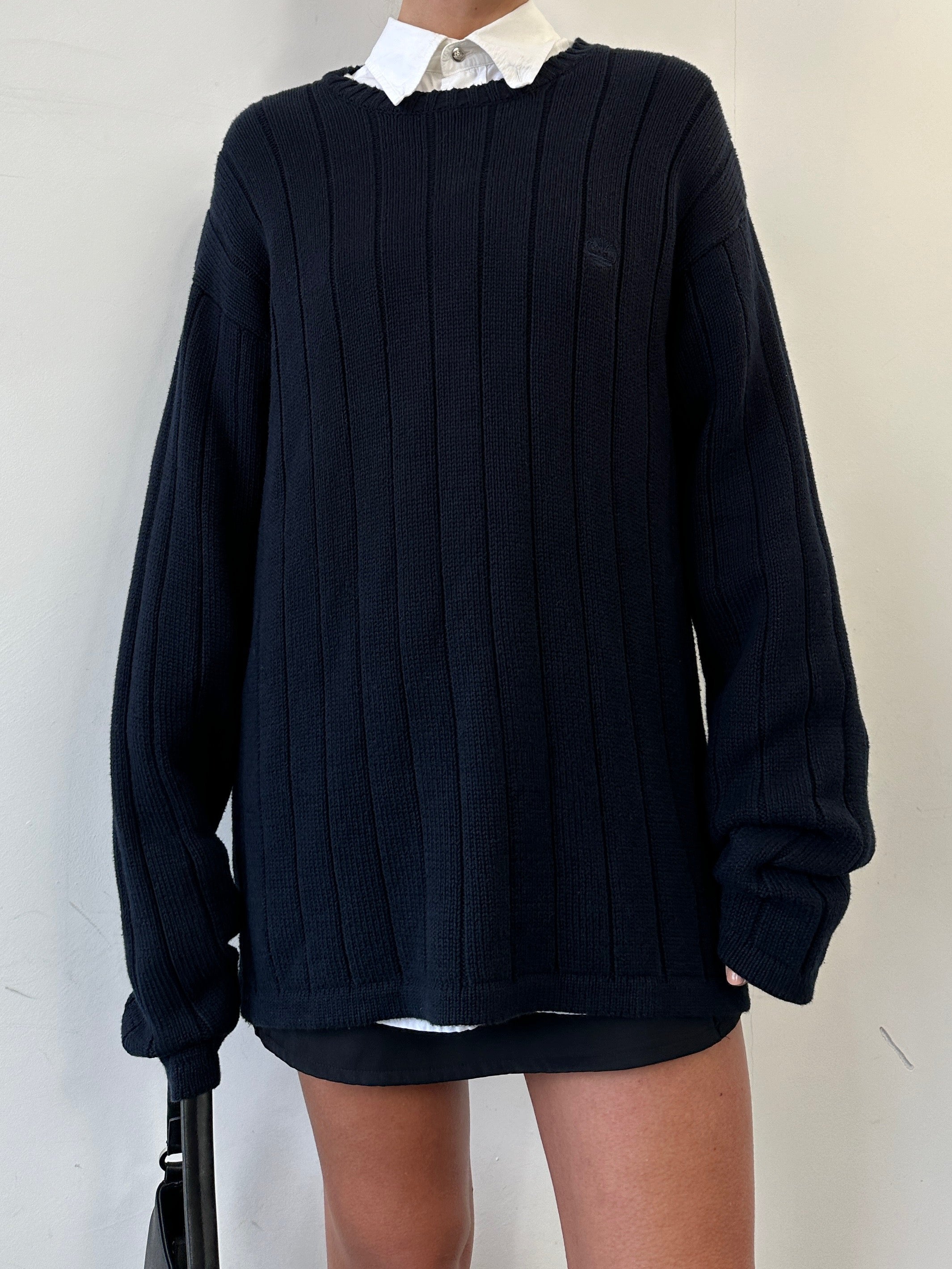 Timberland XXL cotton knitted logo jumper showing a close-up of the textured fabric and branded logo on the chest.