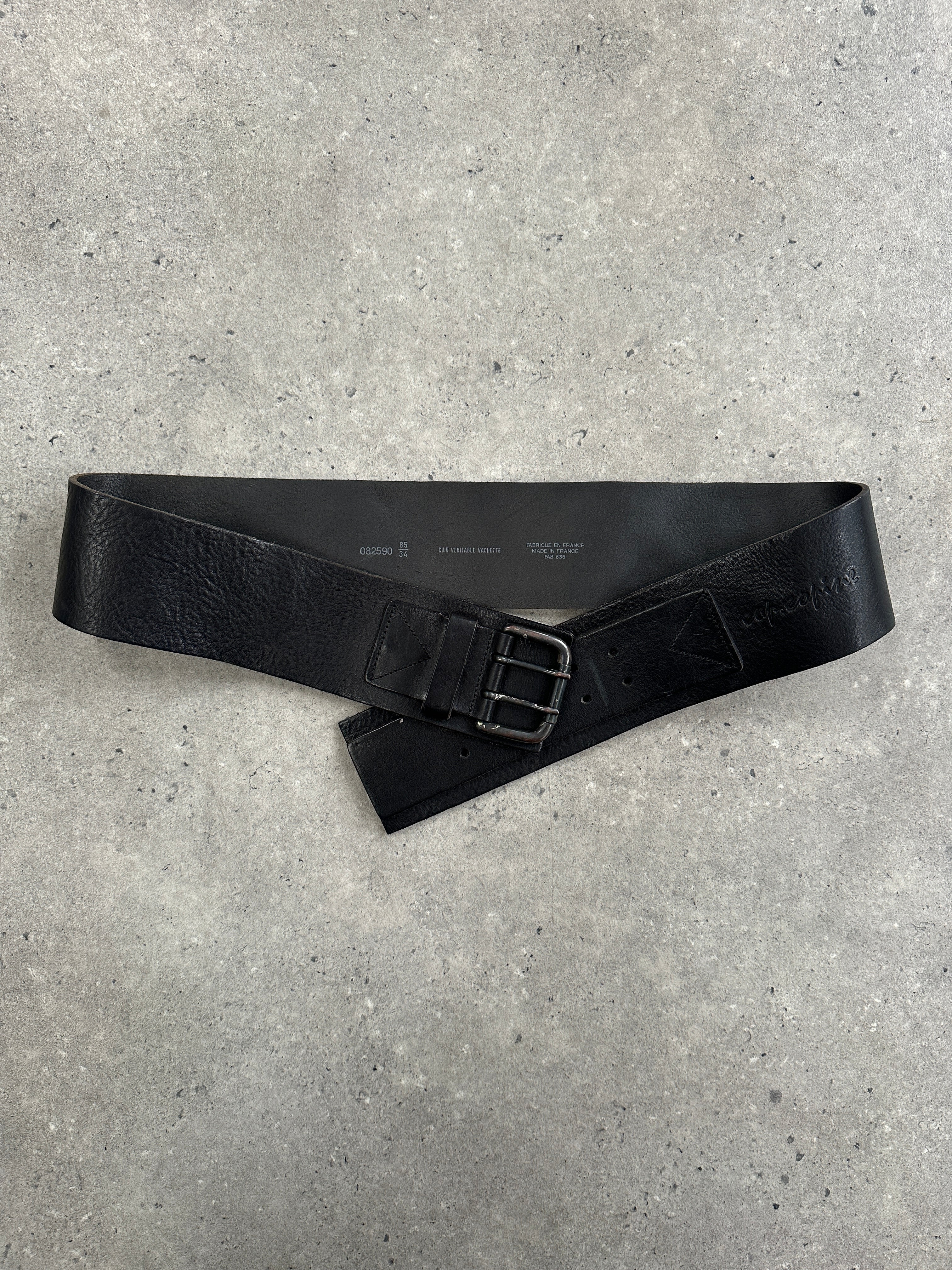 Cop Copine 1990s chunky leather belt in W32-36 with a wide design, featuring textured black leather and silver-tone buckle.