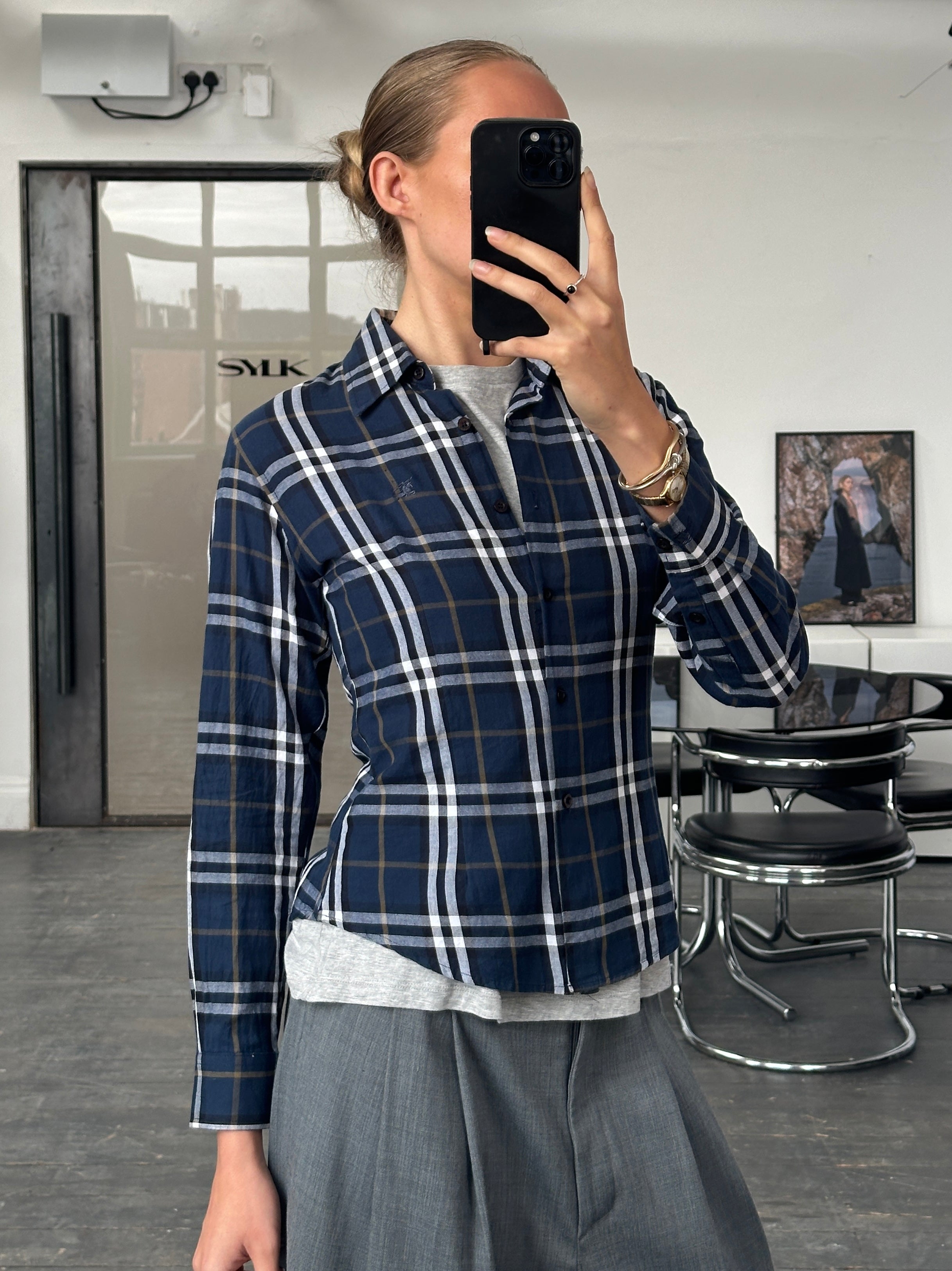 Burberry London 2000s pure cotton modern check logo shirt in XS/S, featuring classic plaid pattern and button-up front.