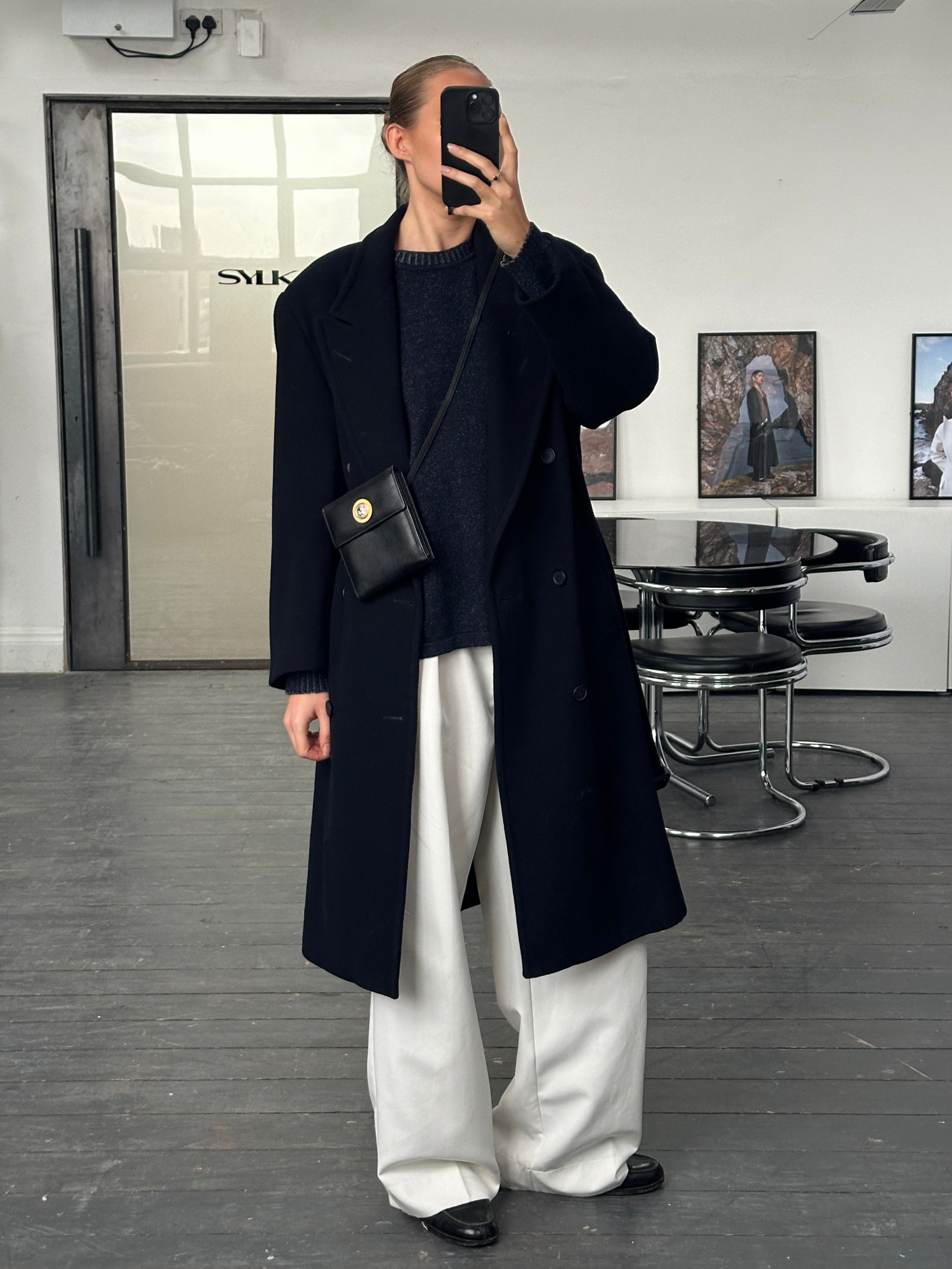 Vintage 1990s wool cashmere double-breasted belted coat in size large, featuring classic design and neutral color.