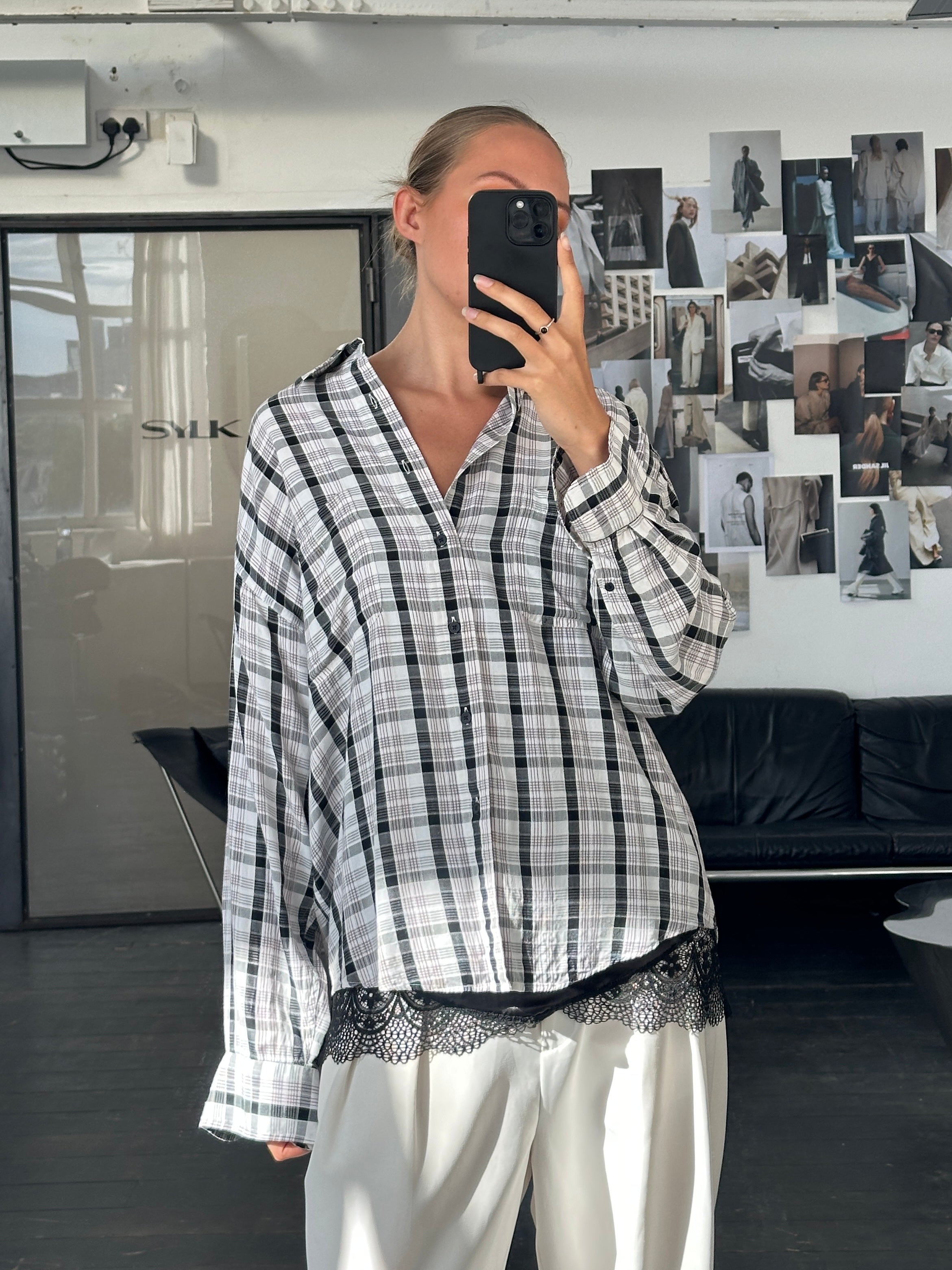 Yves Saint Laurent Pour Homme 1990s check shirt in size L, featuring a classic plaid pattern and button-down collar.