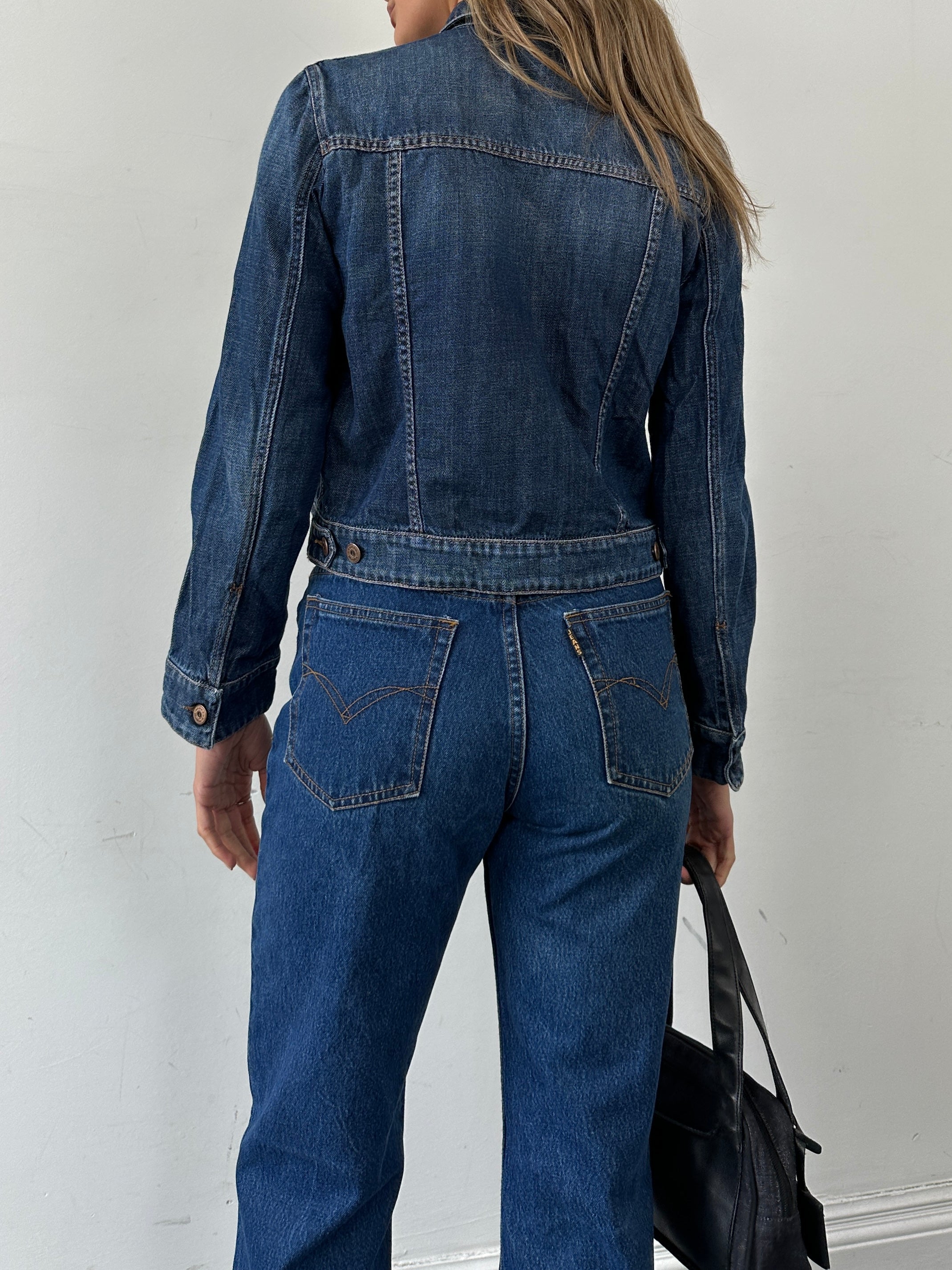 Max Mara Weekend pure cotton denim jacket in size S/M displayed with front view, classic blue wash, and button details.