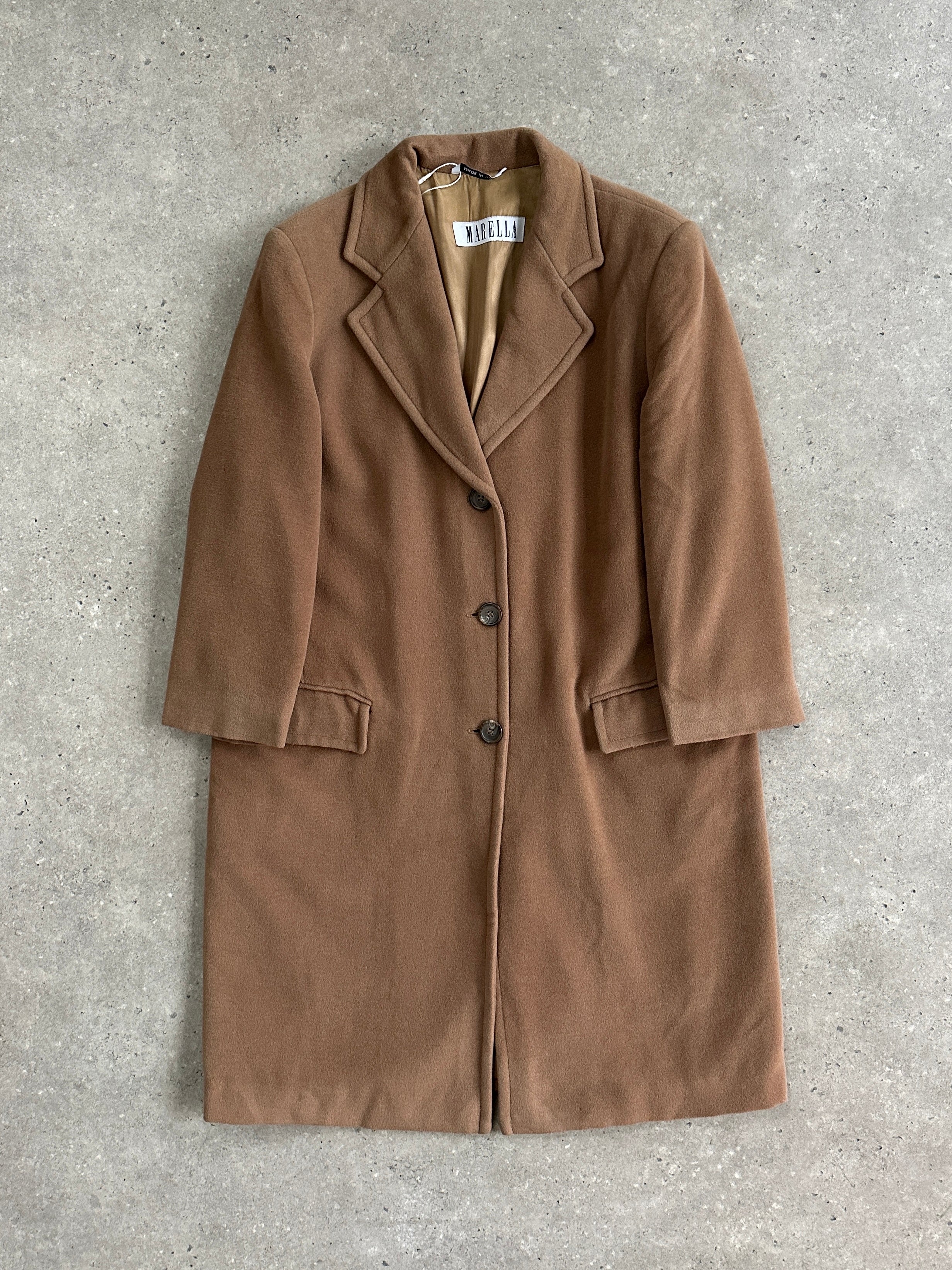 Marella virgin wool single-breasted coat in size S/M, tailored fit with classic collar and button closure, in neutral color.