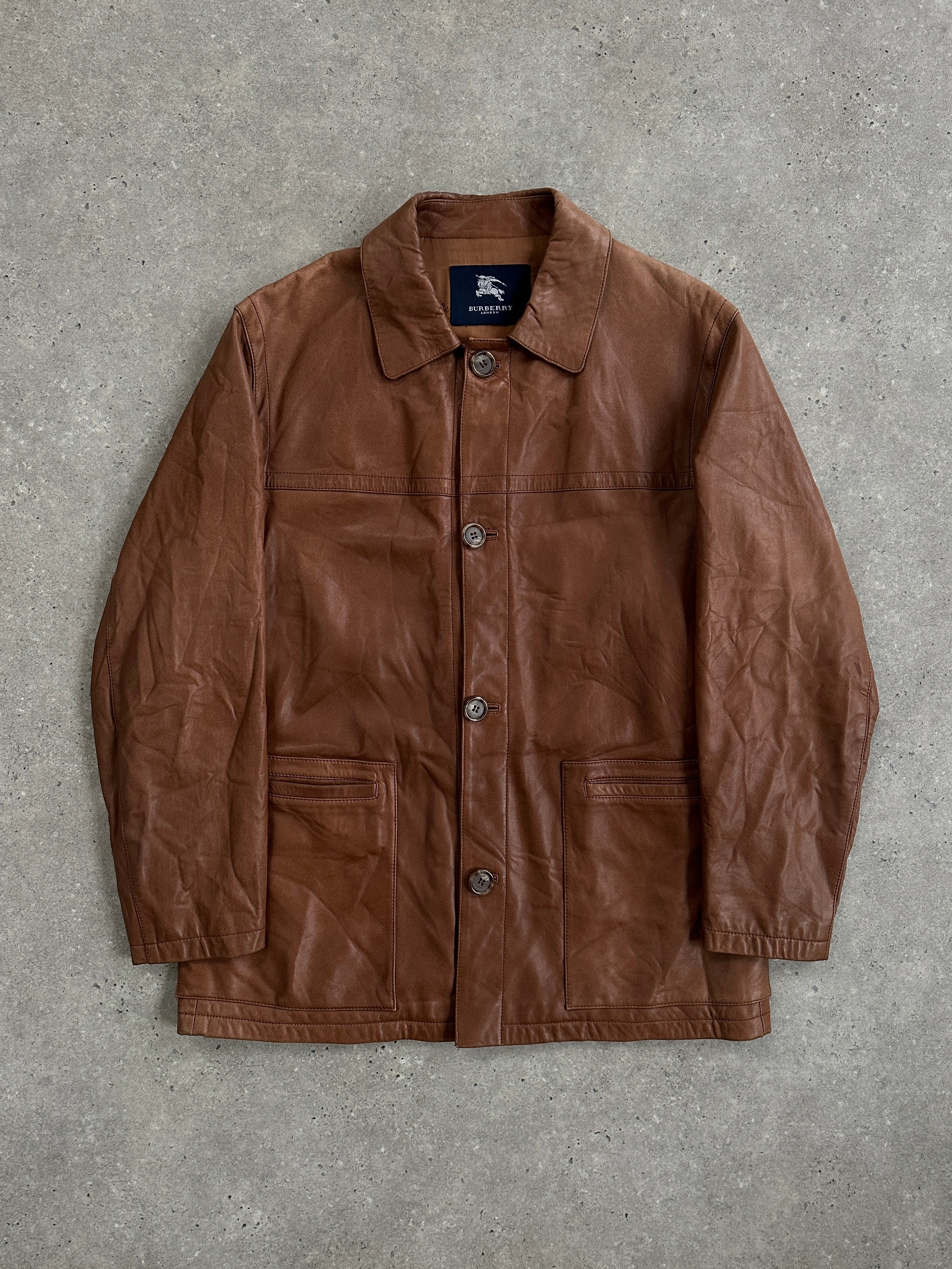 Burberry London 2000s aged smooth leather jacket in XL, showcasing classic design with aged brown leather and stylish fit.