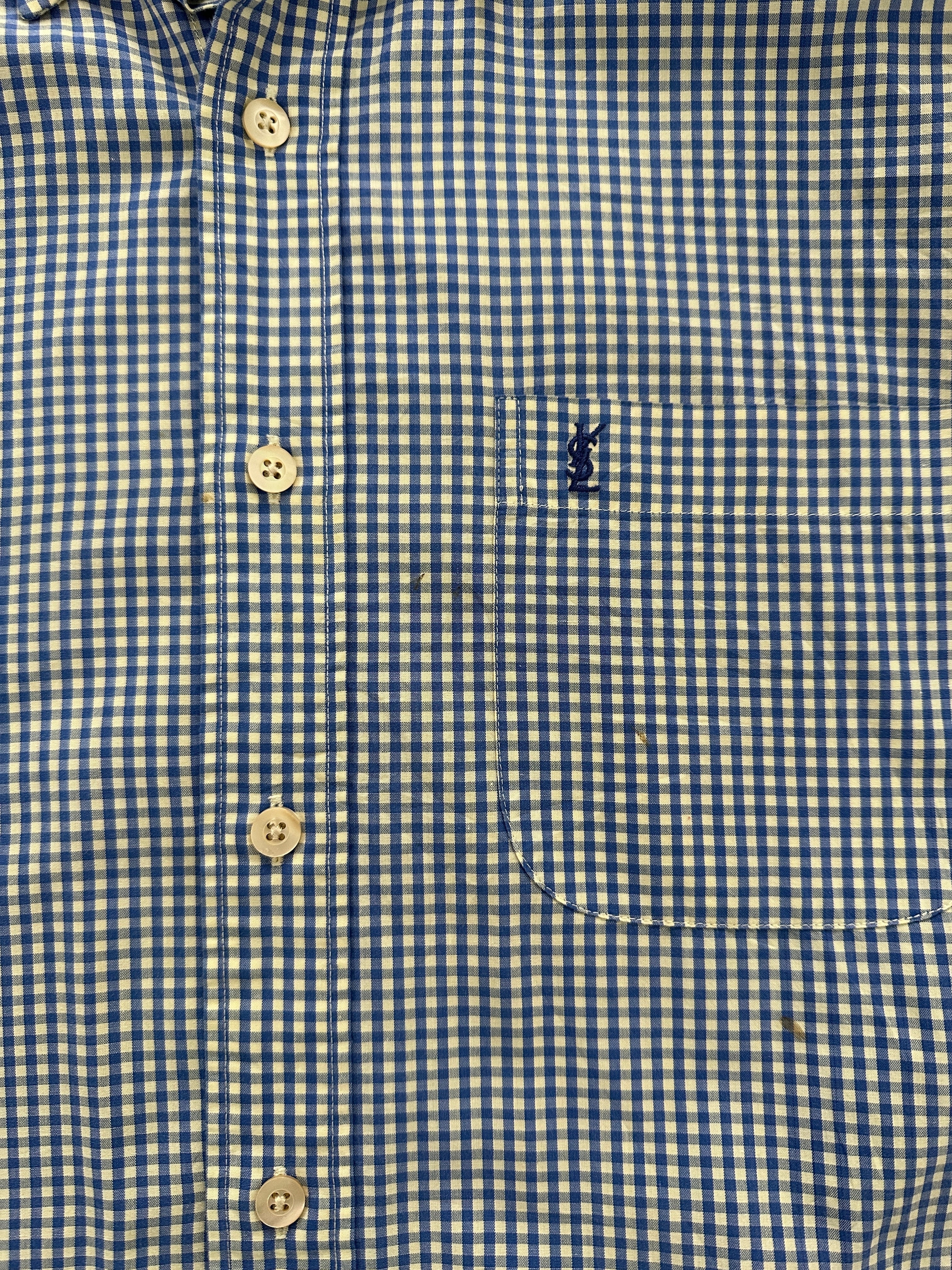 Yves Saint Laurent Pour Homme check cotton logo shirt in size S/M, featuring a classic pattern and YSL branding on the chest.