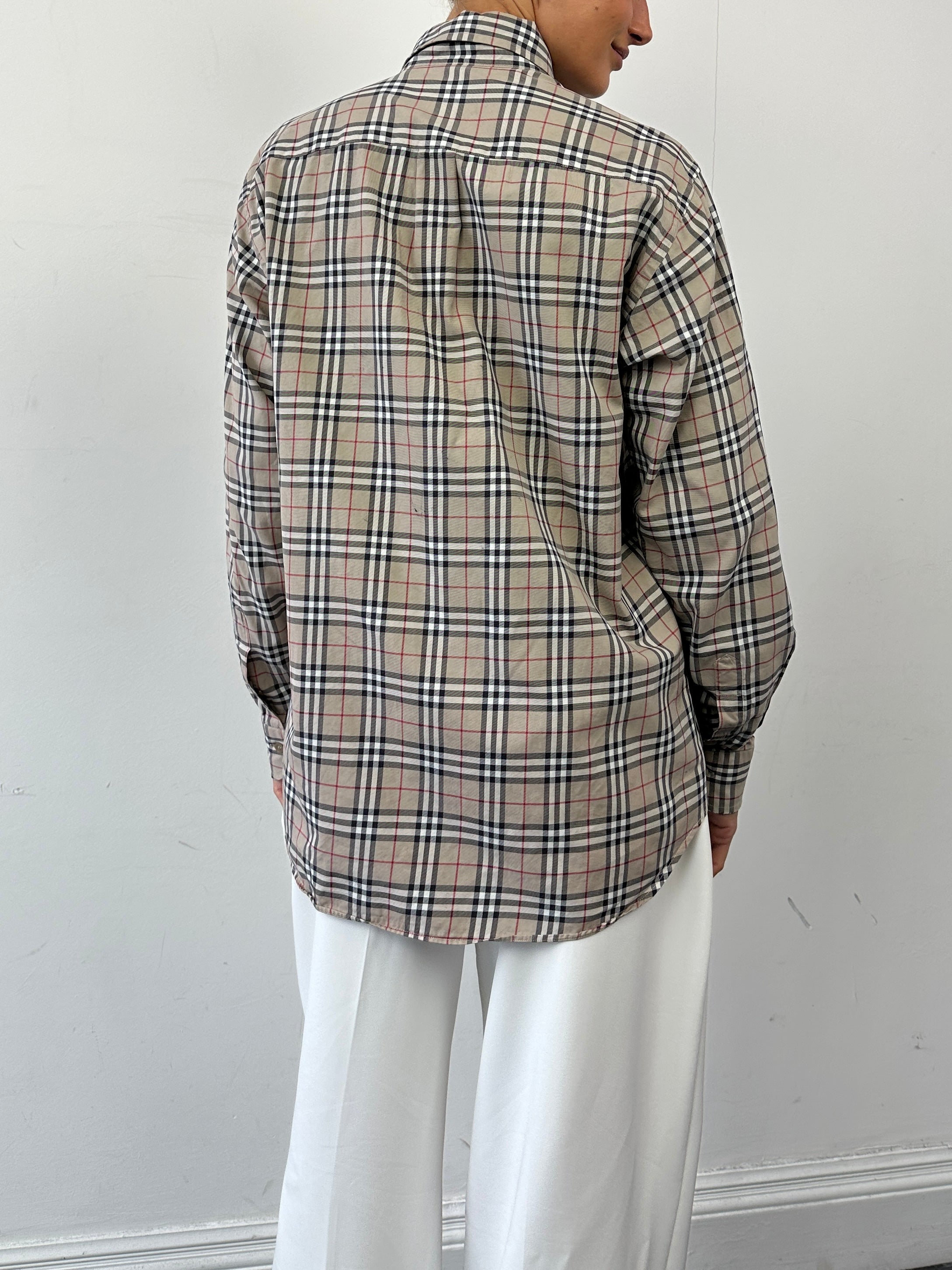 Burberry London Nova Check cotton shirt in size L, featuring the classic plaid pattern and button-down collar.