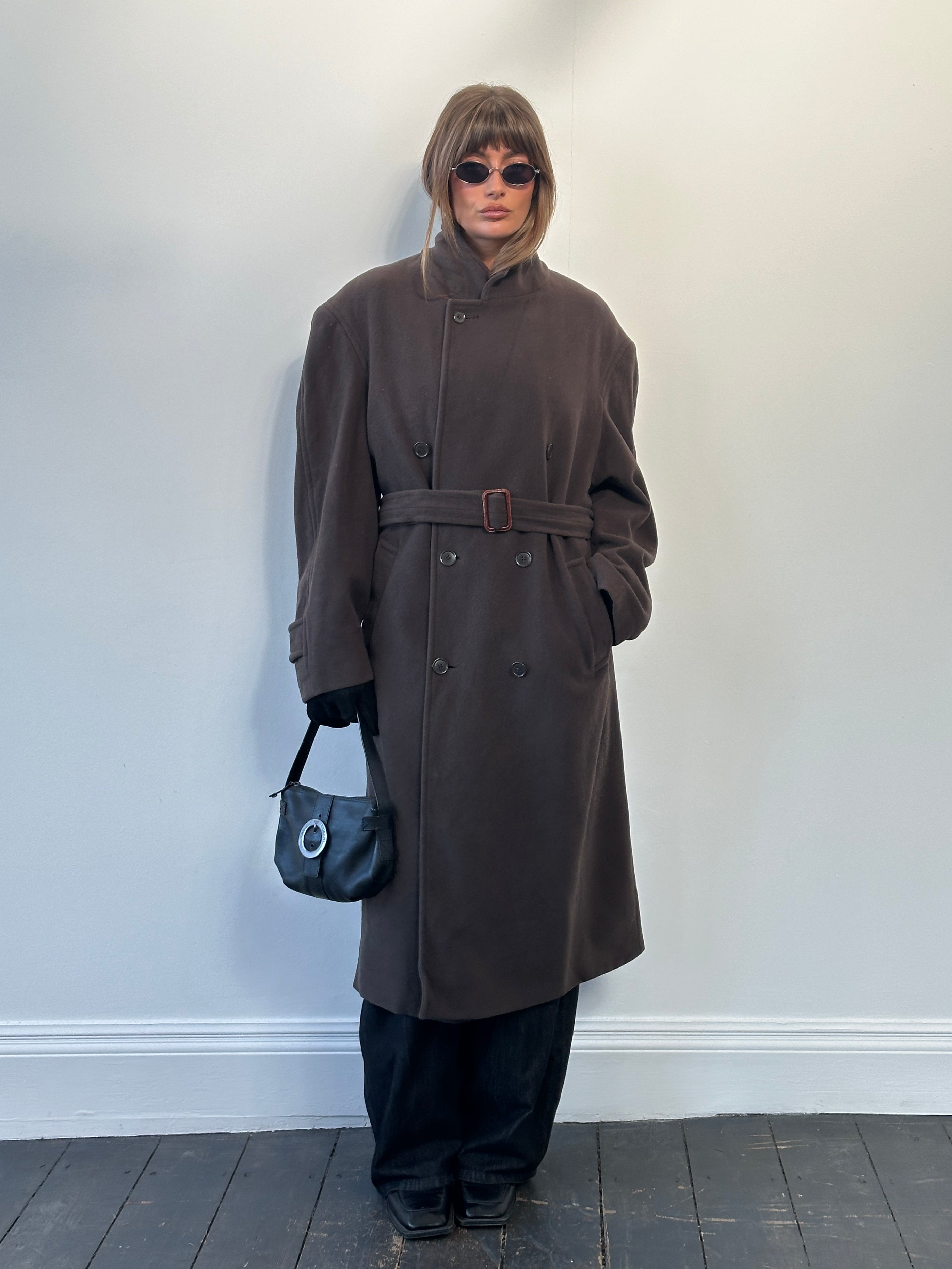 St Michael Italian 1990s wool belted coat in XXL, featuring a classic design with a tailored fit and textured fabric.