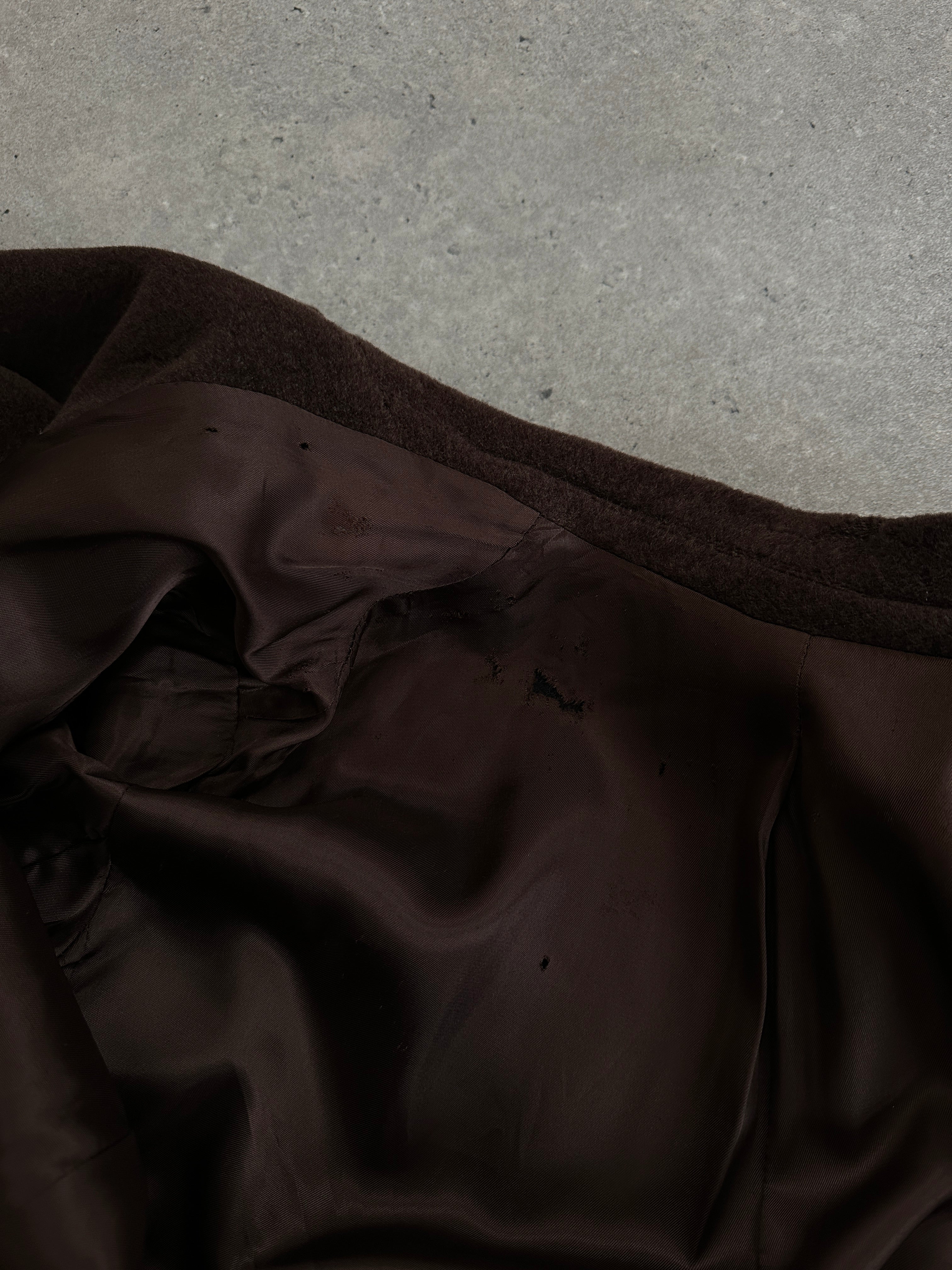 Moschino 1980s wool cashmere double-breasted coat in XL, featuring a classic design, lapel collar, and button closure.